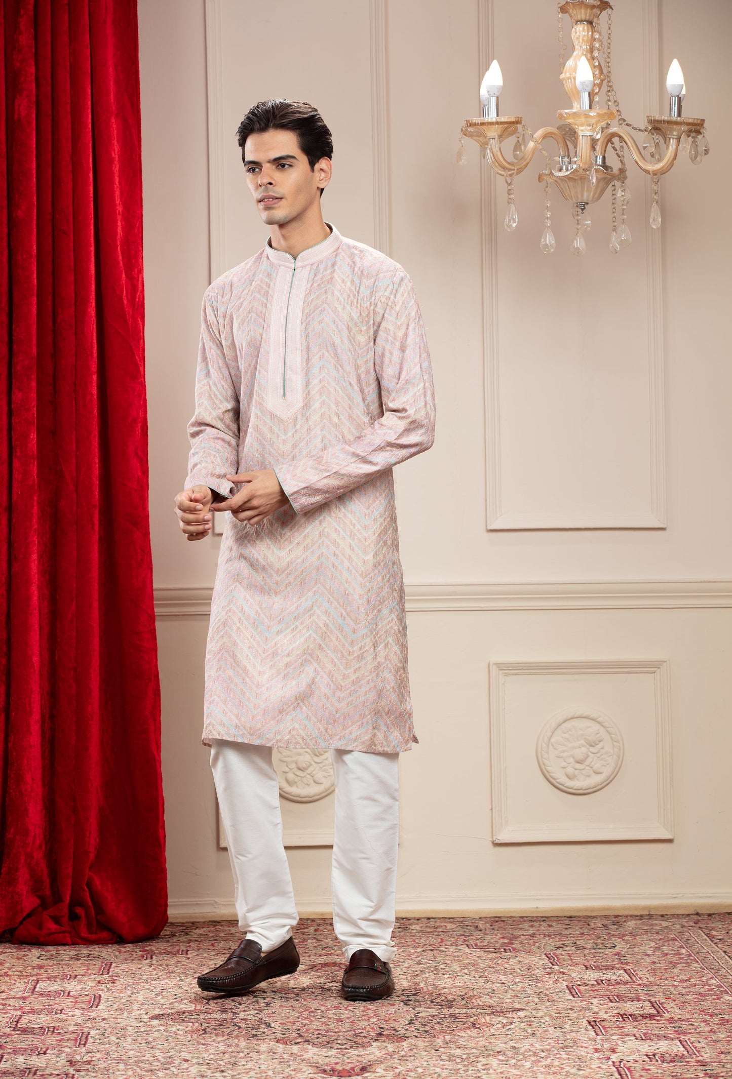 Carnation Pink Banarasi kurta pajama with thread embroidery