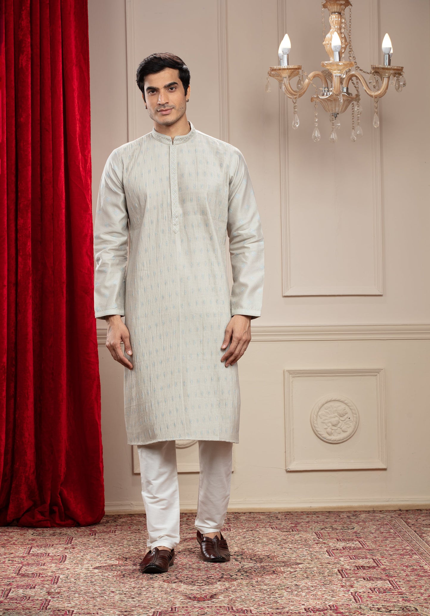 Silverish white Classic pleating patterned kurta pajama set