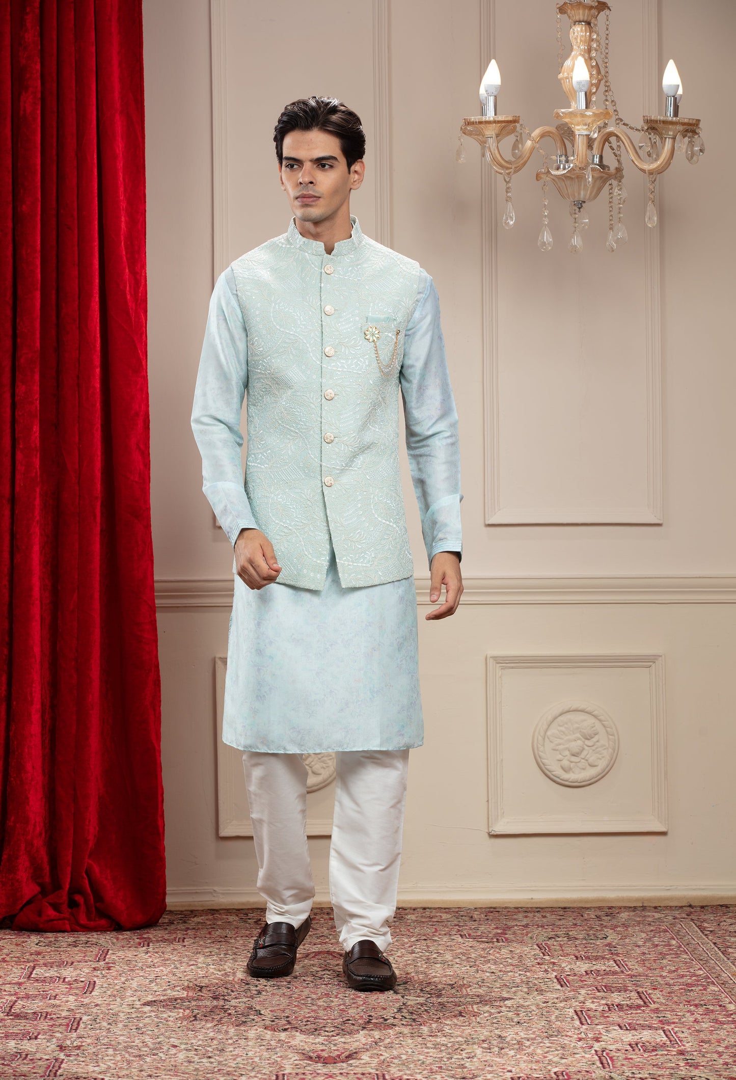 Columbia Blue Lucknowi kurta Jacket Set with cutdana work and brooch