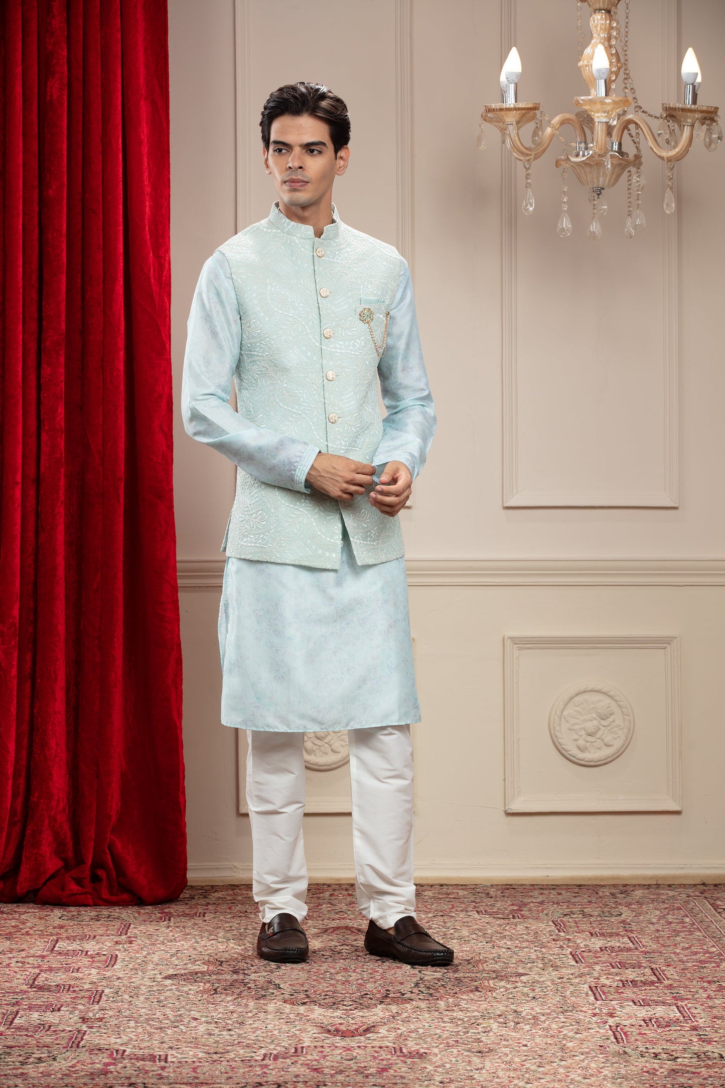 Columbia Blue Lucknowi kurta Jacket Set with cutdana work and brooch