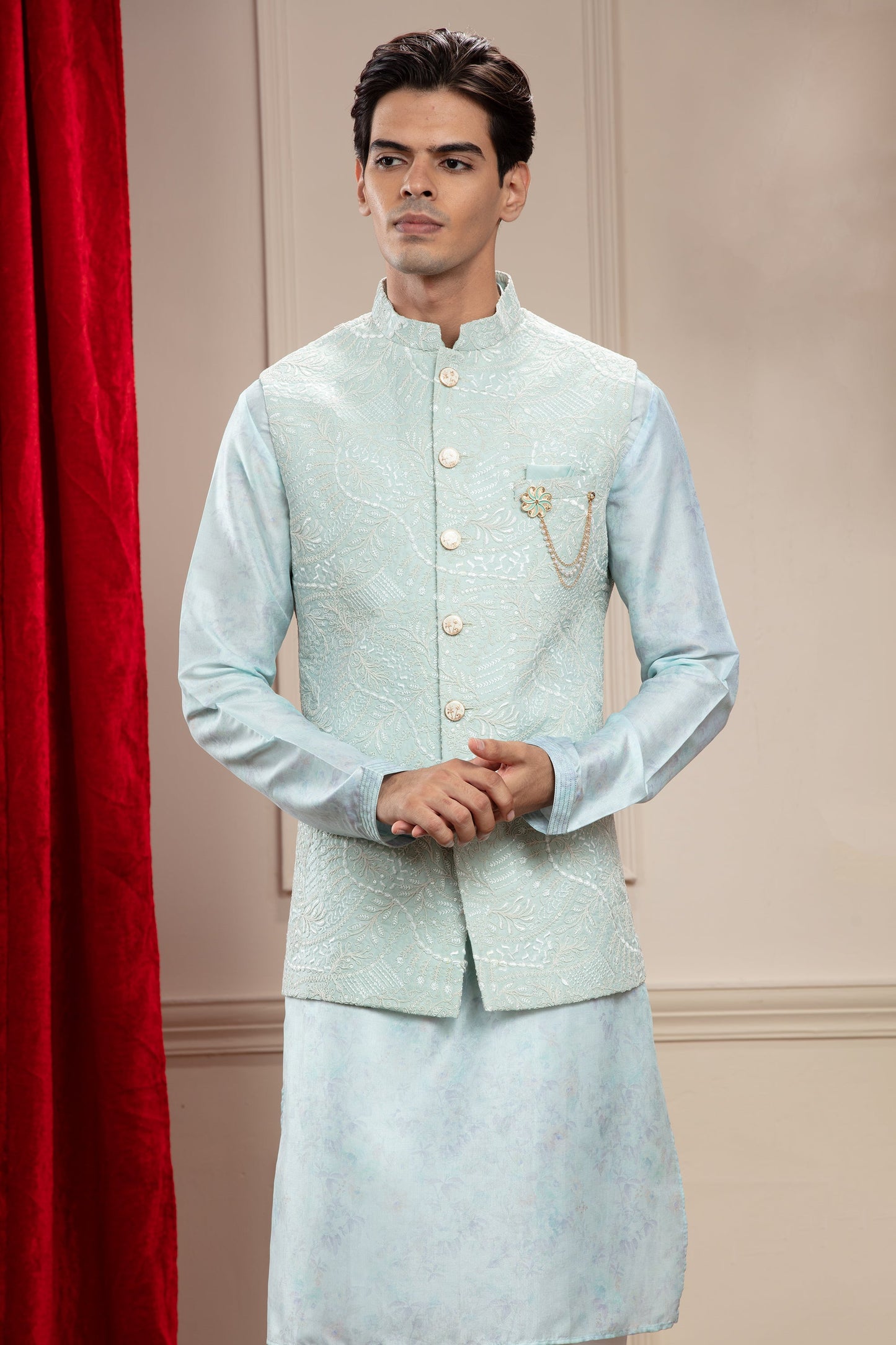 Columbia Blue Lucknowi kurta Jacket Set with cutdana work and brooch