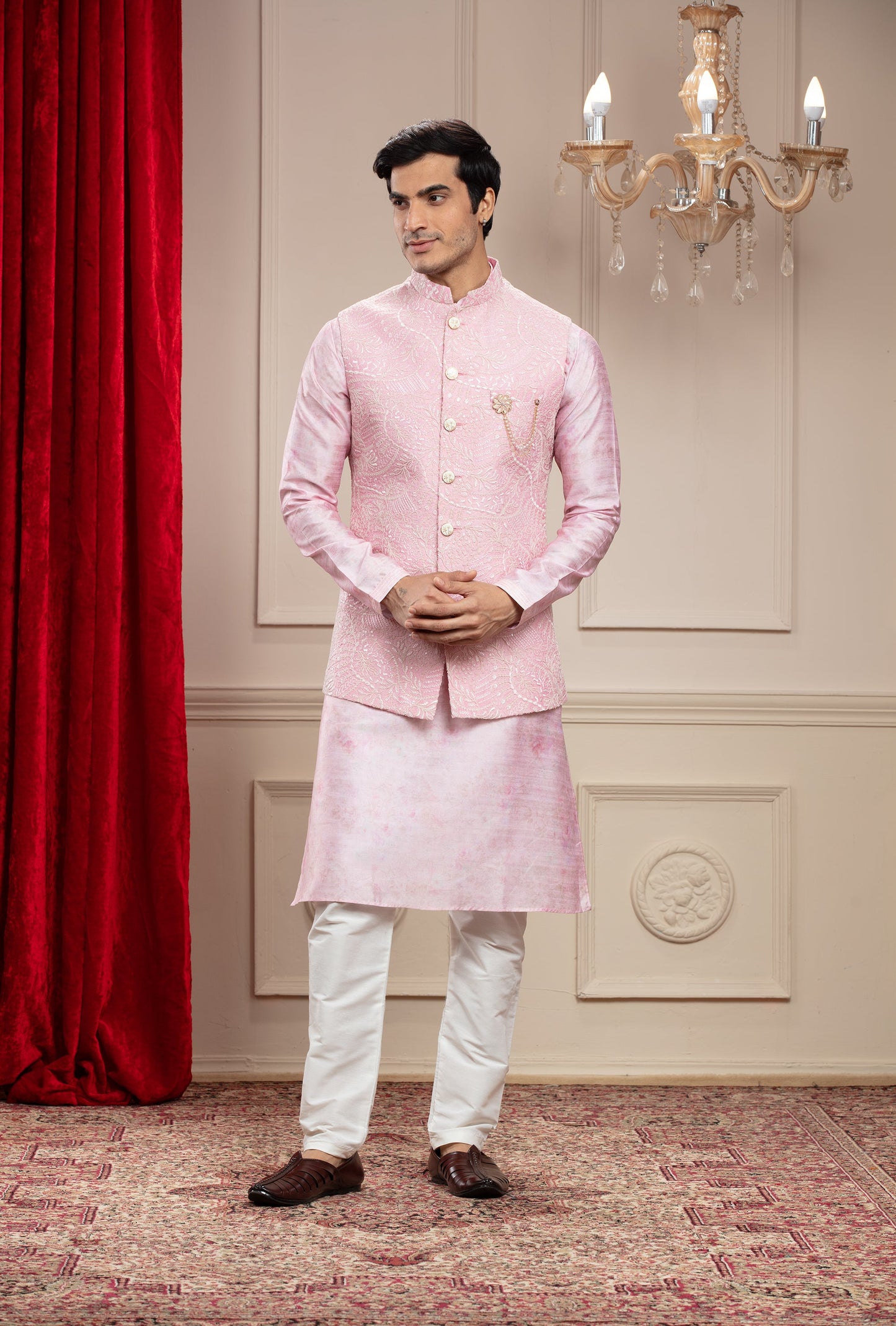 Rosé Quartz Pink Lucknowi kurta Jacket Set with cutdana work and brooch