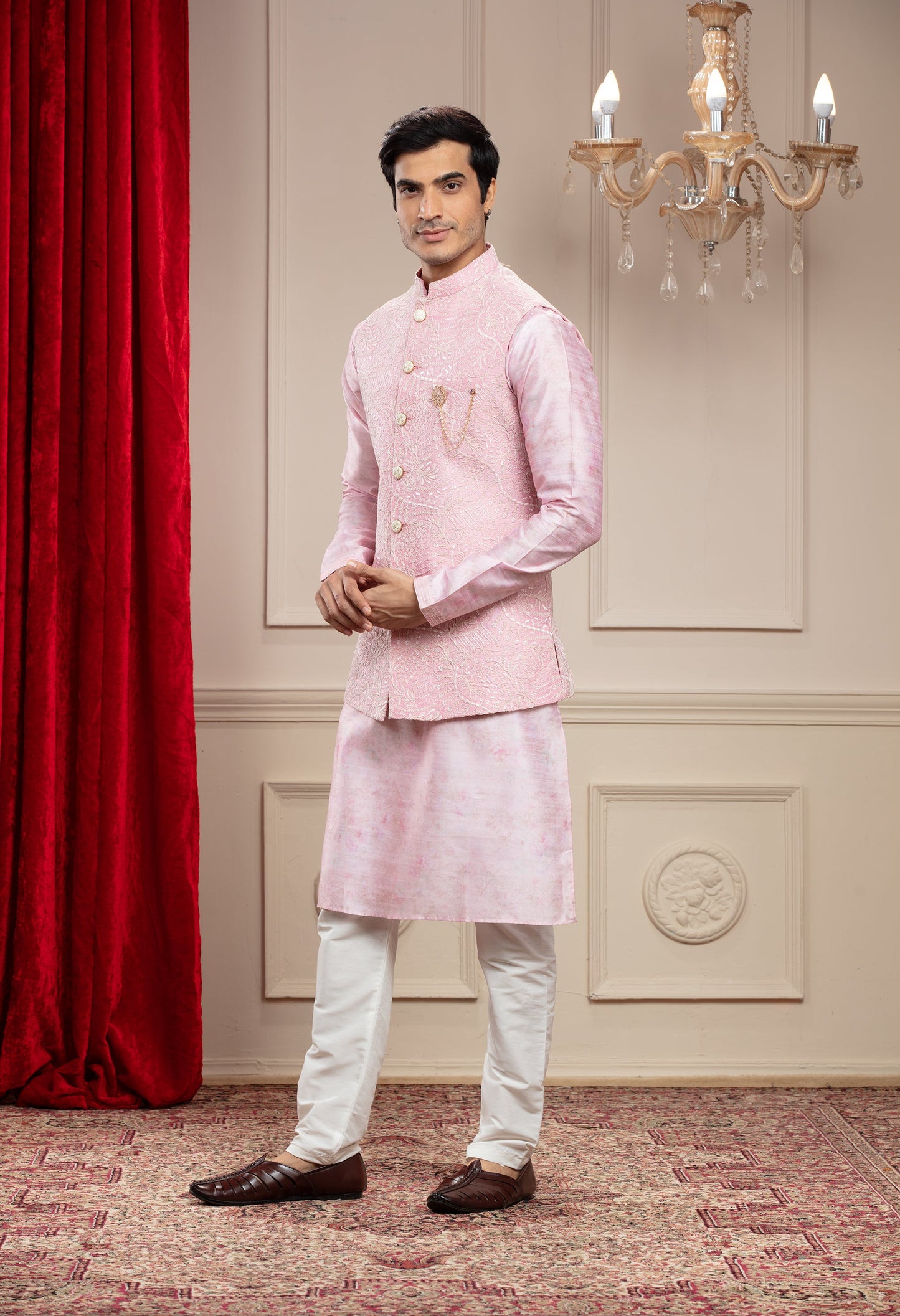 Rosé Quartz Pink Lucknowi kurta Jacket Set with cutdana work and brooch