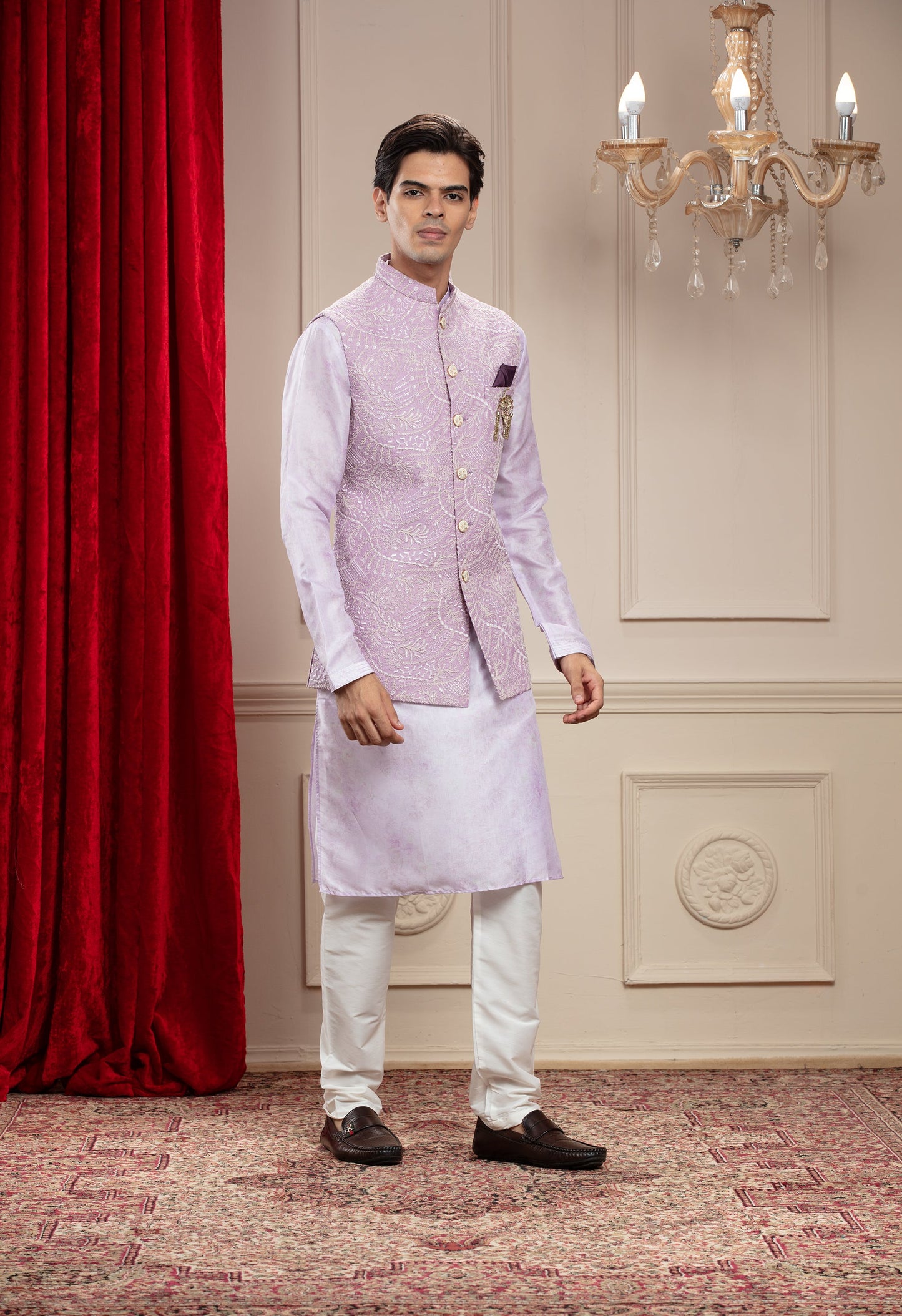 Lavender Mauve Lucknowi kurta Jacket Set with cutdana work and brooch