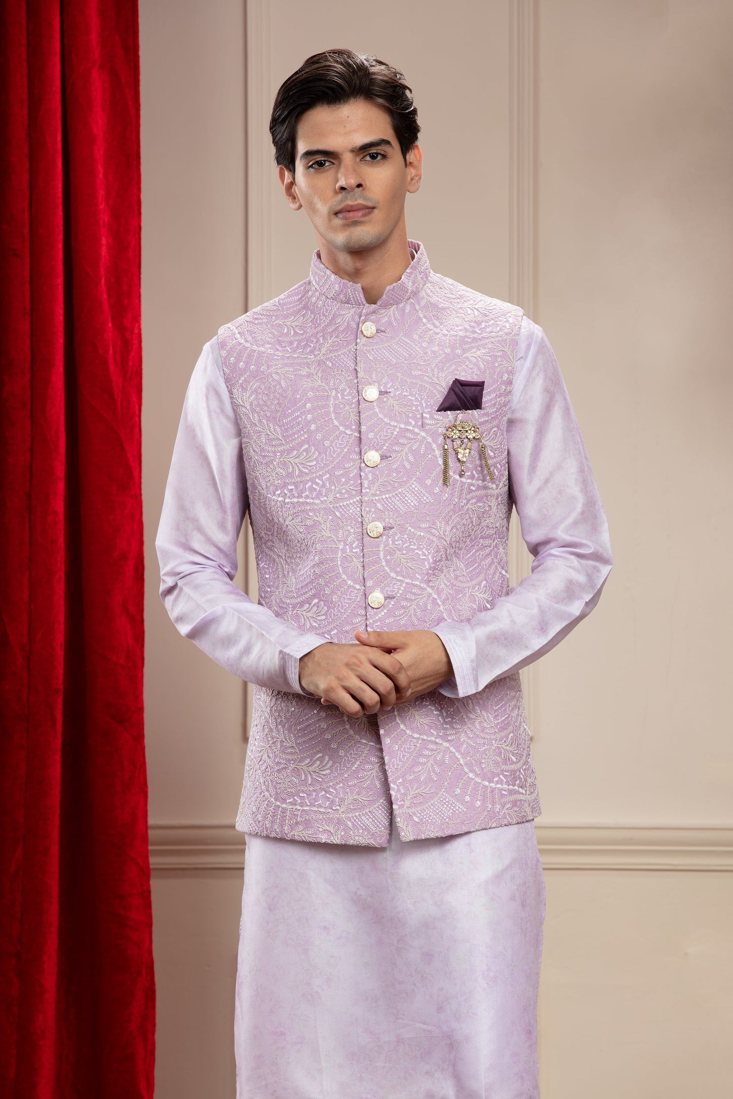 Lavender Mauve Lucknowi kurta Jacket Set with cutdana work and brooch