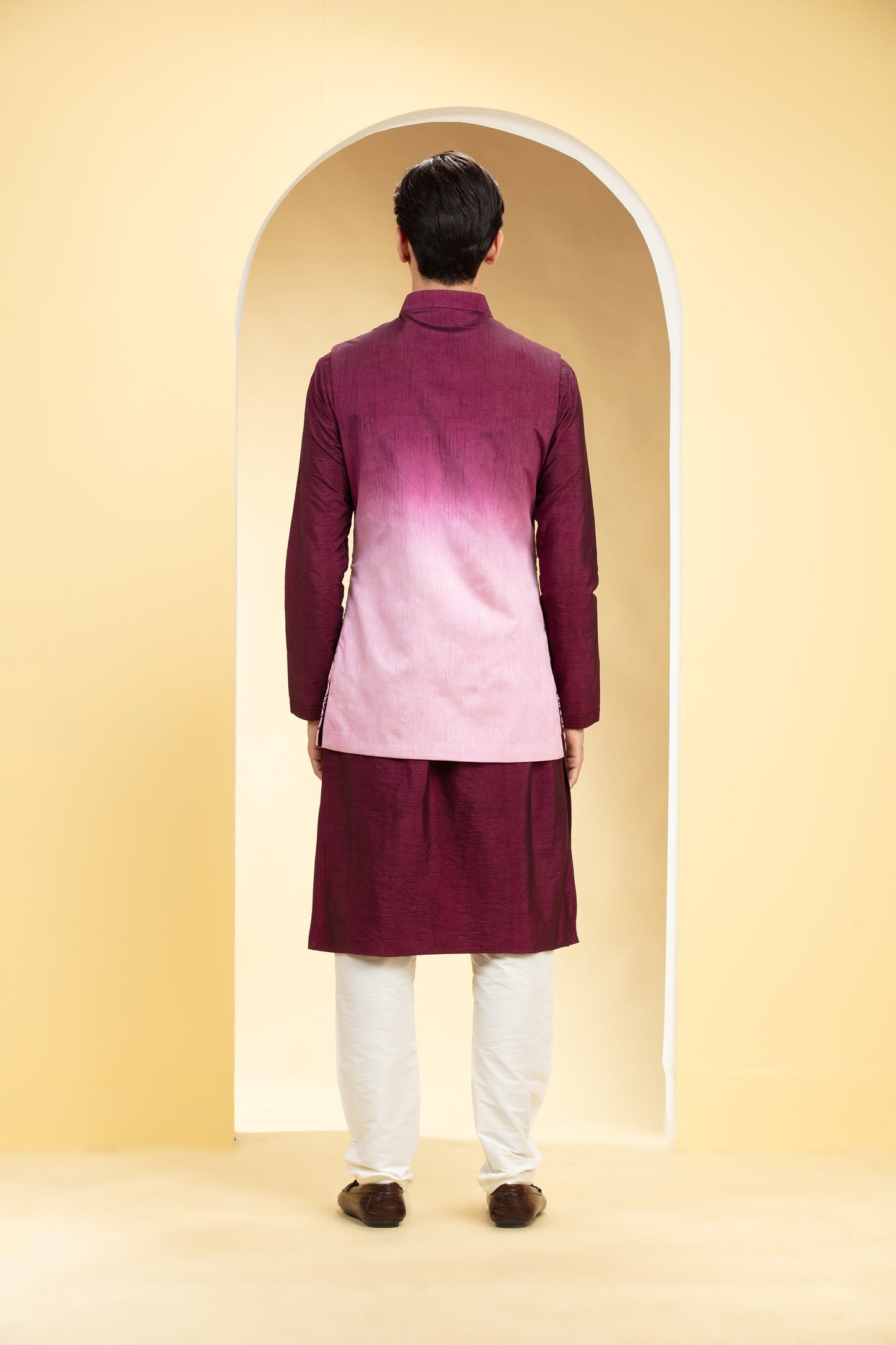 Wine Red Ombre Jacket kurta set with mirror placement