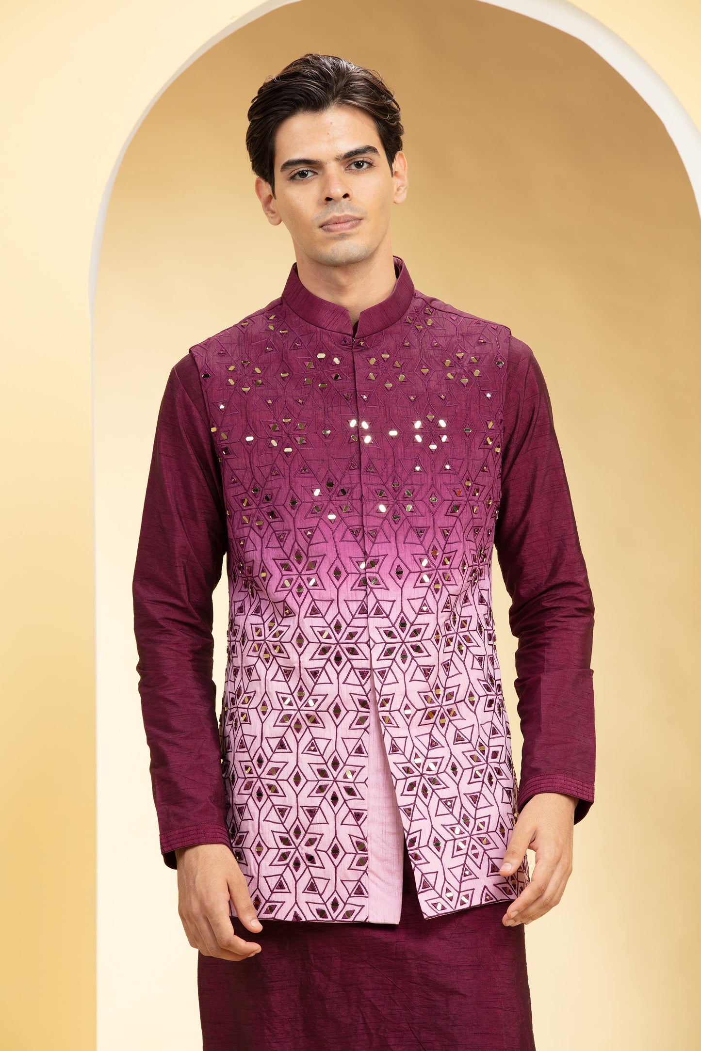 Wine Red Ombre Jacket kurta set with mirror placement
