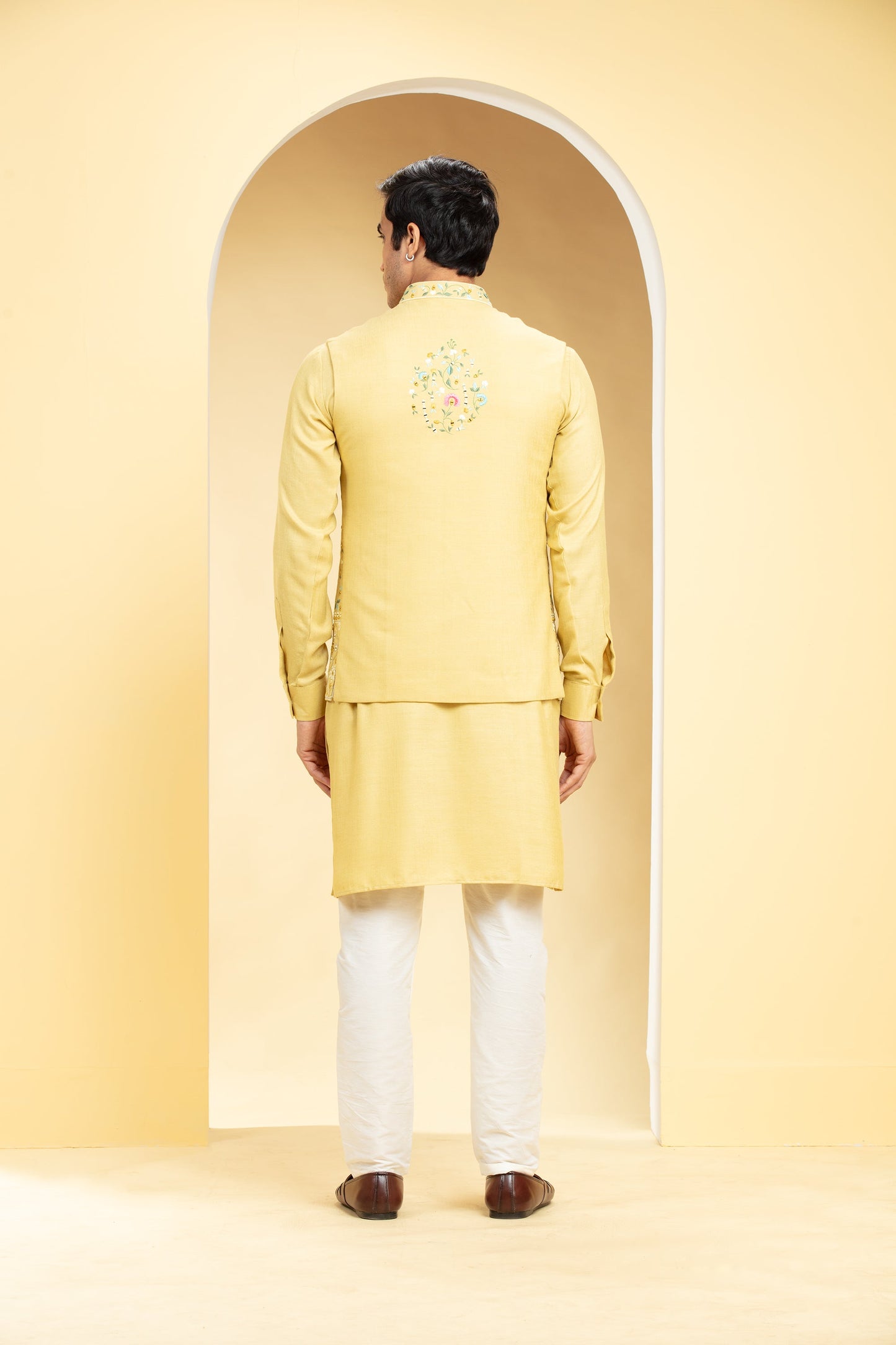 Light Mustard Yellow Jacket kurta set with floral and mirror embroidery