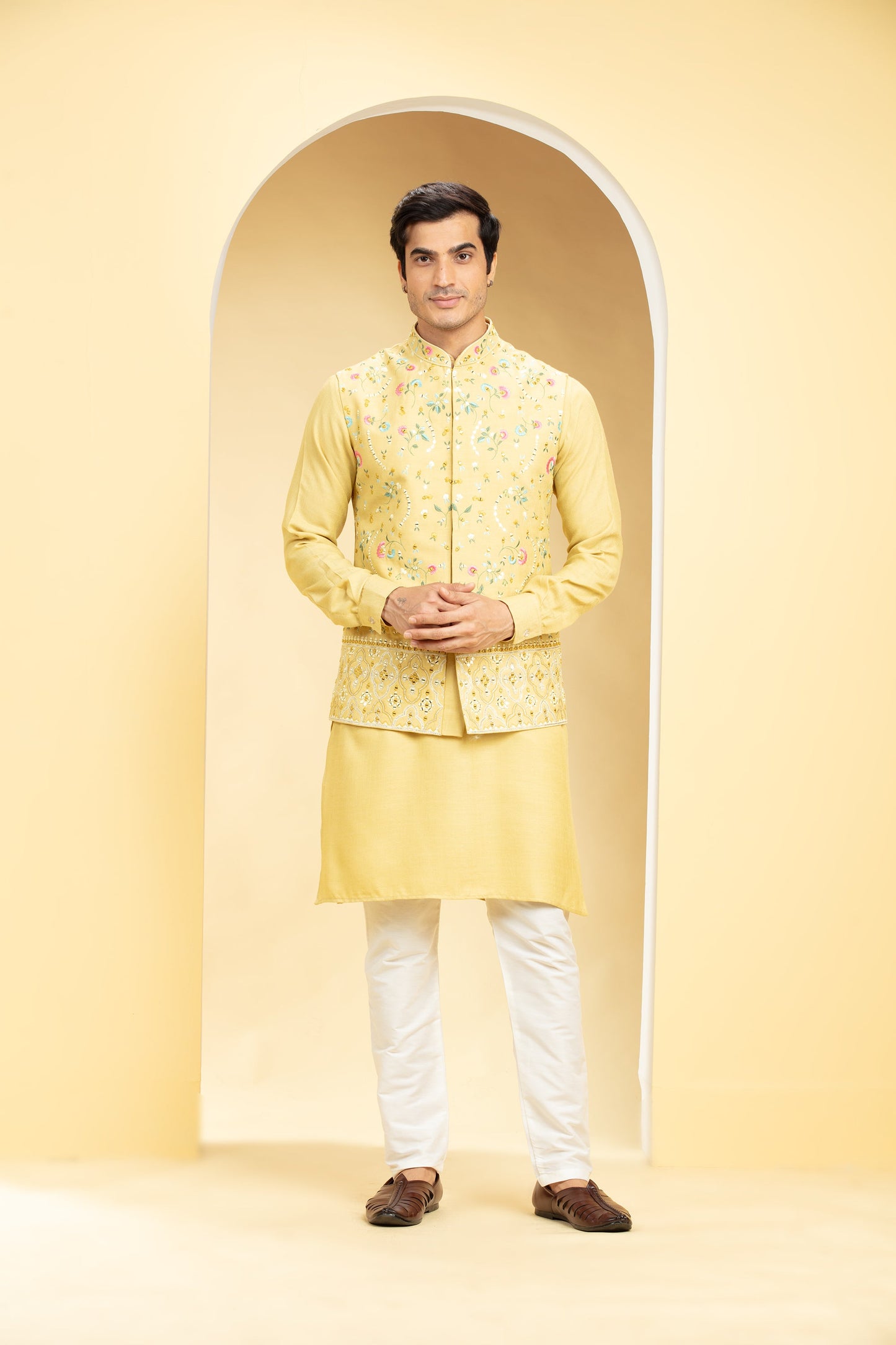 Light Mustard Yellow Jacket kurta set with floral and mirror embroidery