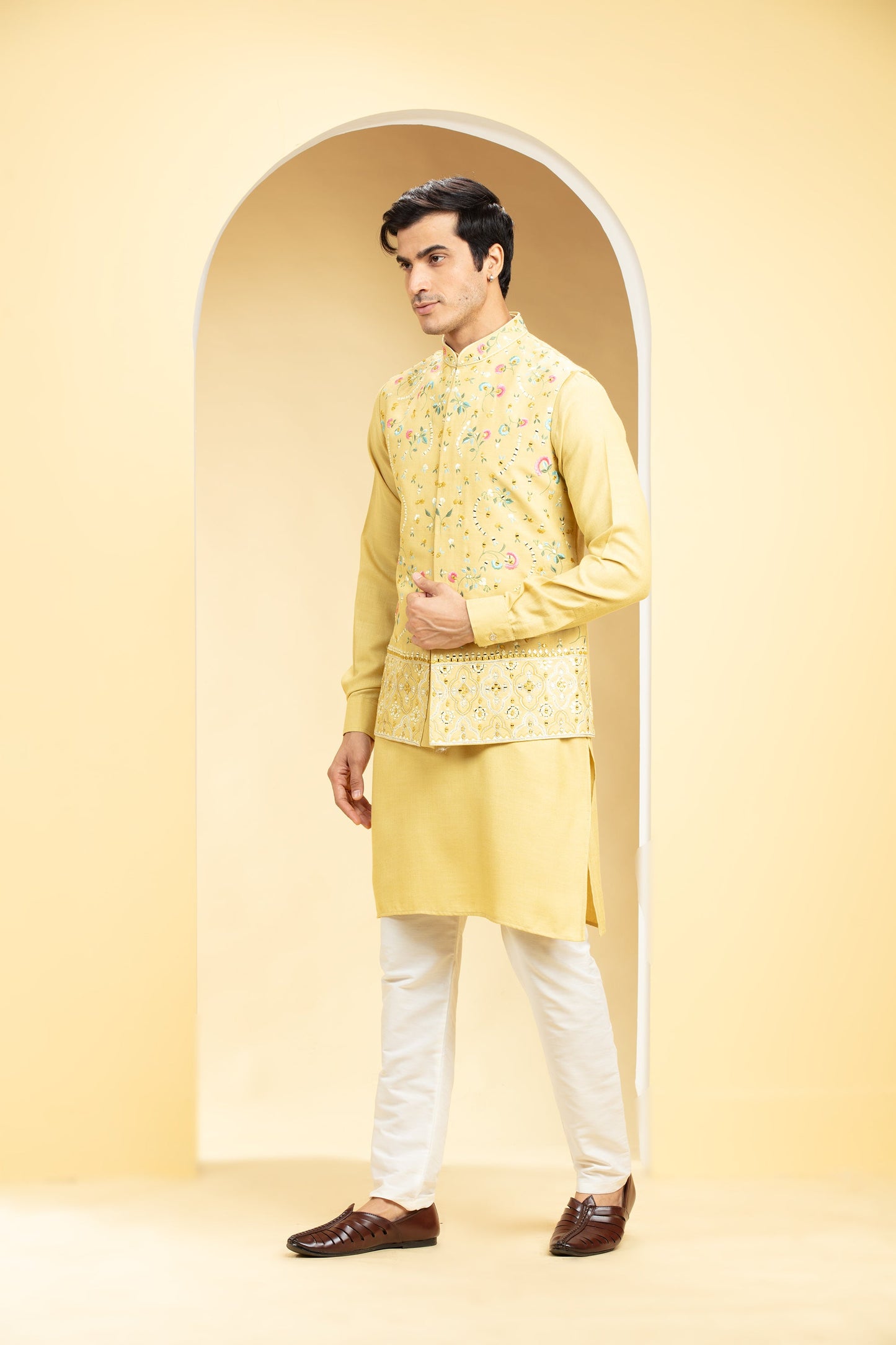 Light Mustard Yellow Jacket kurta set with floral and mirror embroidery