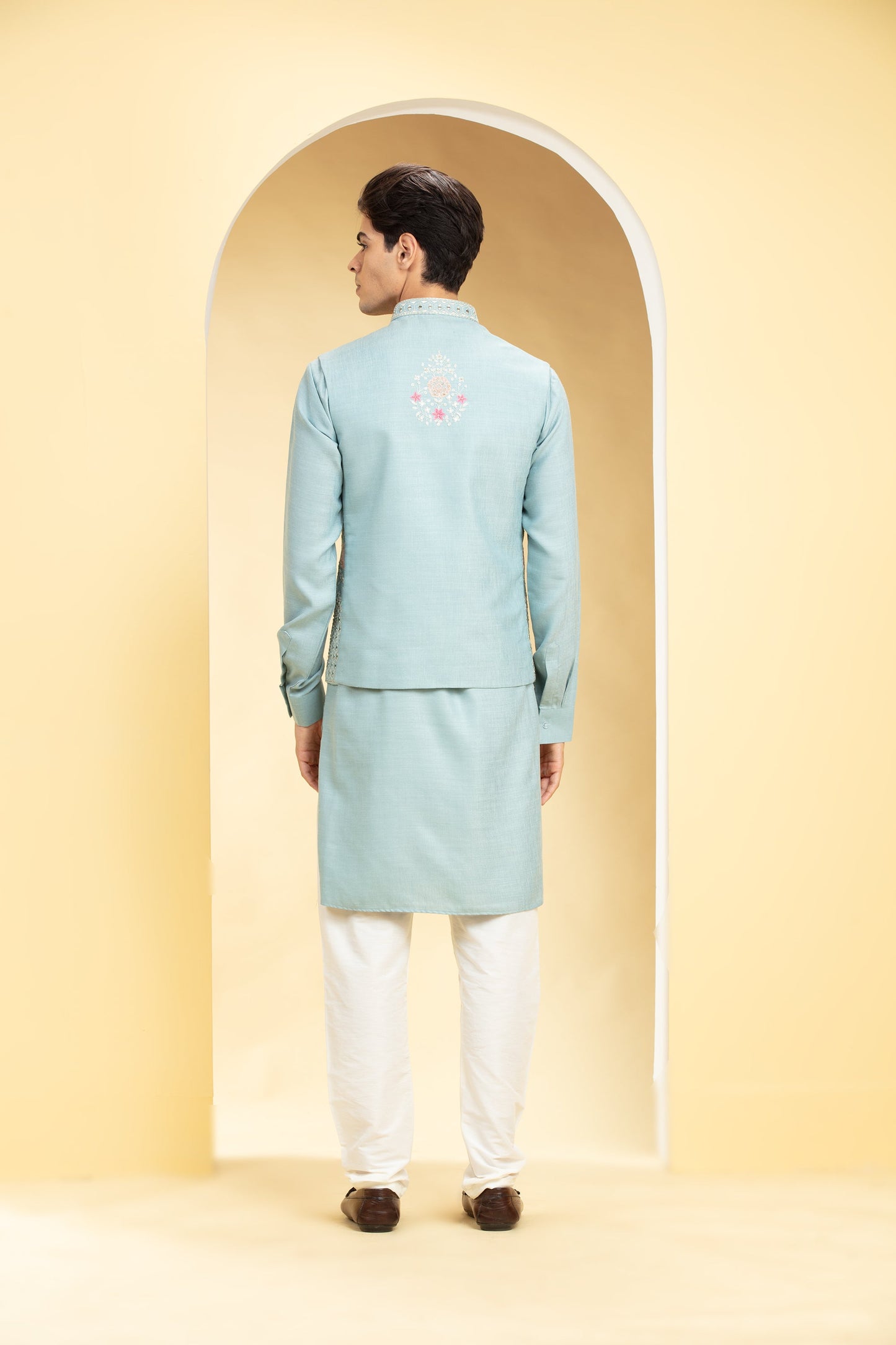 Baby Blue Jacket kurta set with floral and mirror embroidery
