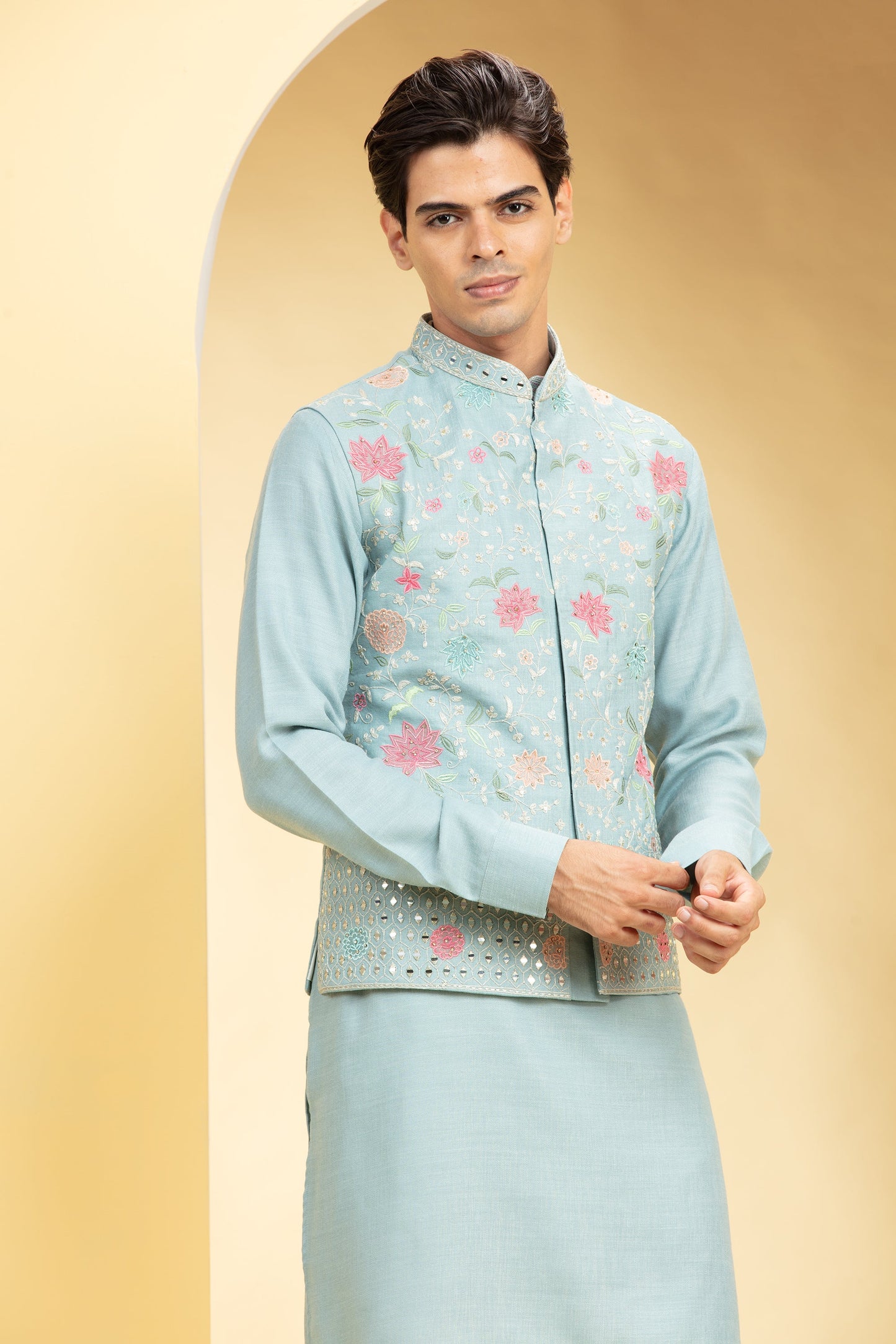 Baby Blue Jacket kurta set with floral and mirror embroidery