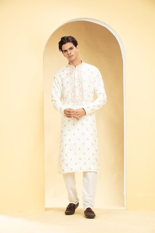 Coconut White kurta pajama set with Resham embroidery