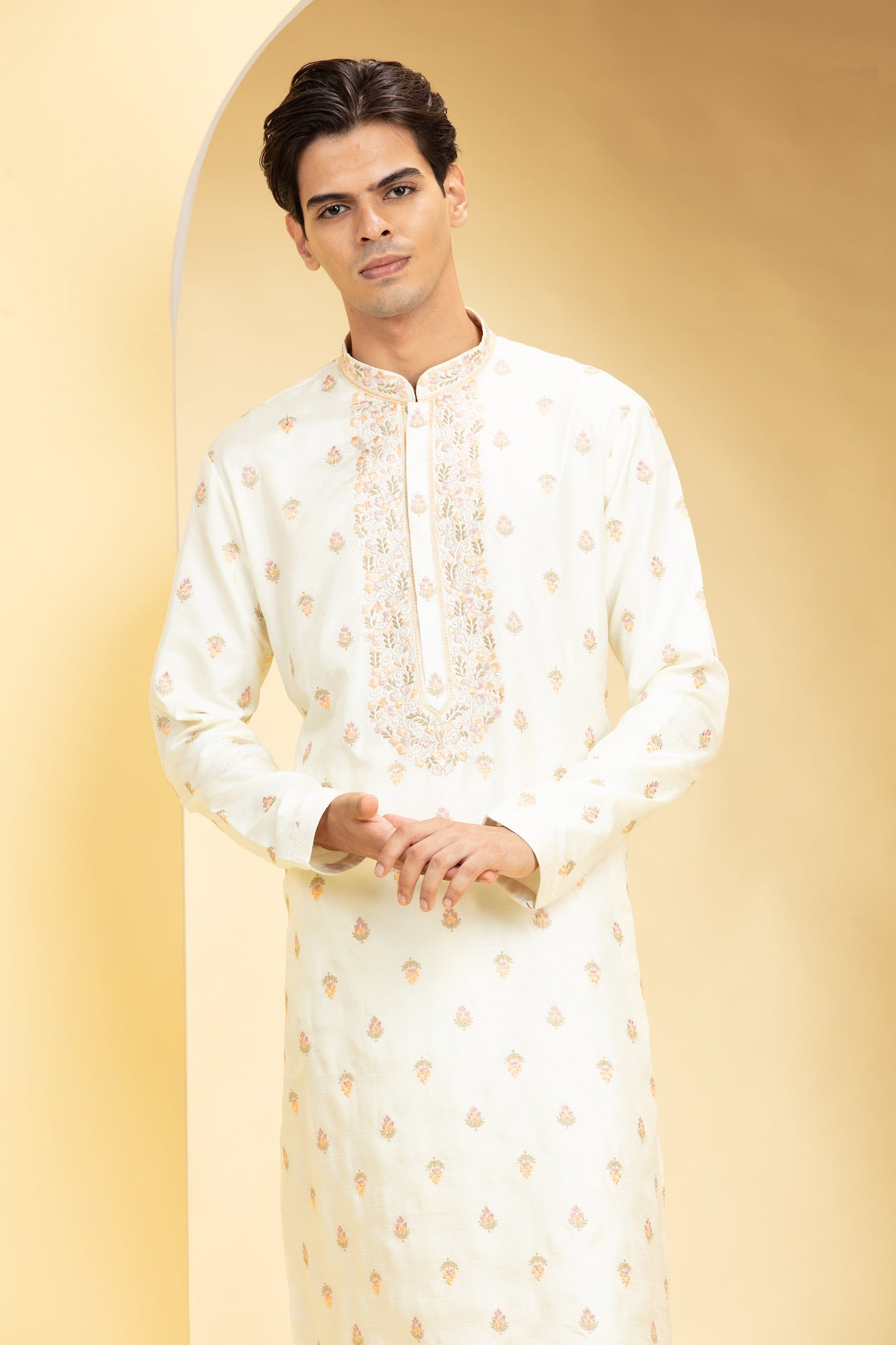 Coconut White kurta pajama set with Resham embroidery