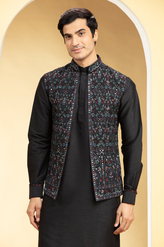 Jet Black Open Jodhpuri with Thread and mirror placement work