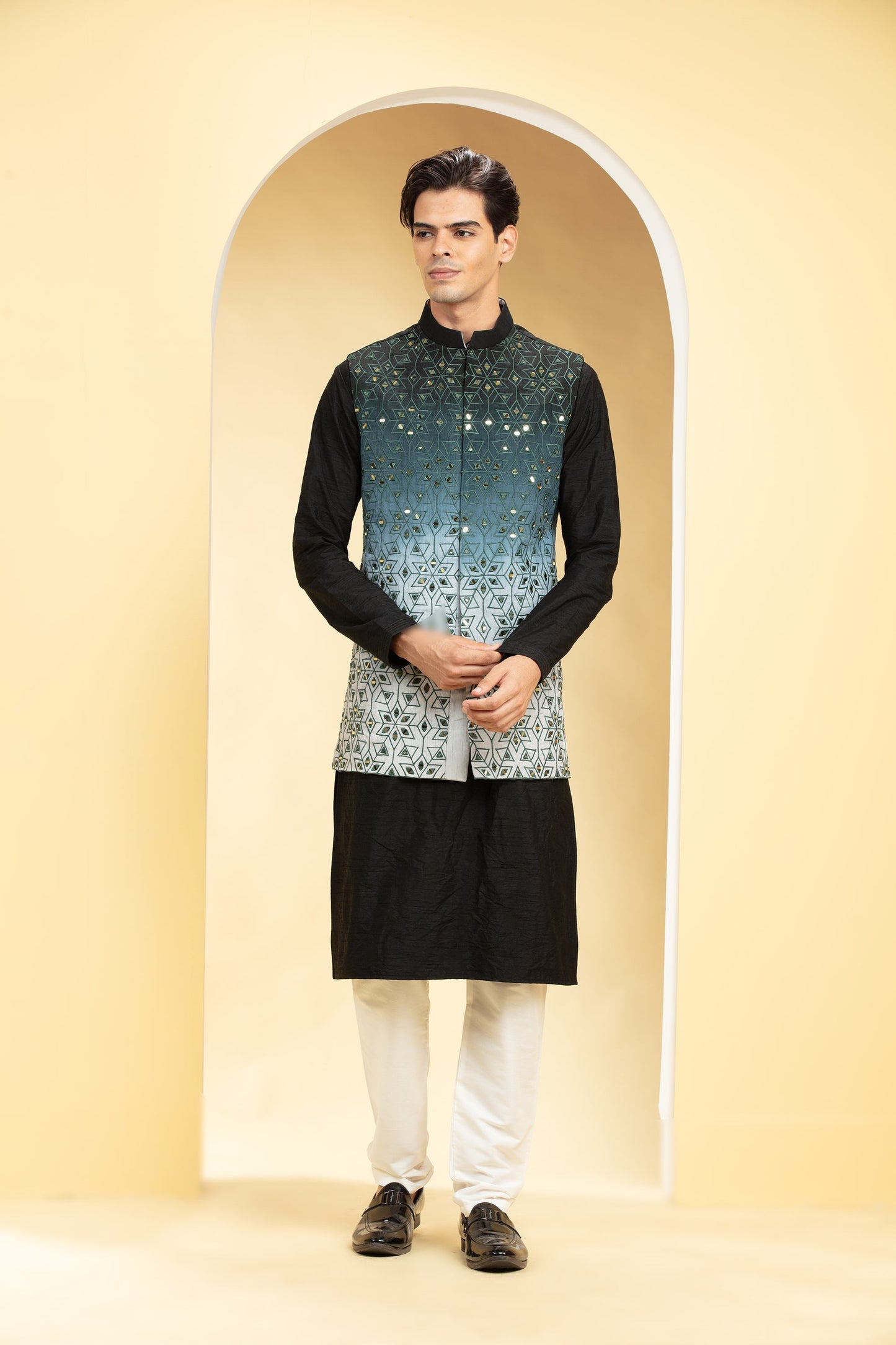Sea Green Ombré tie die kurta Jacket set with mirror placement work