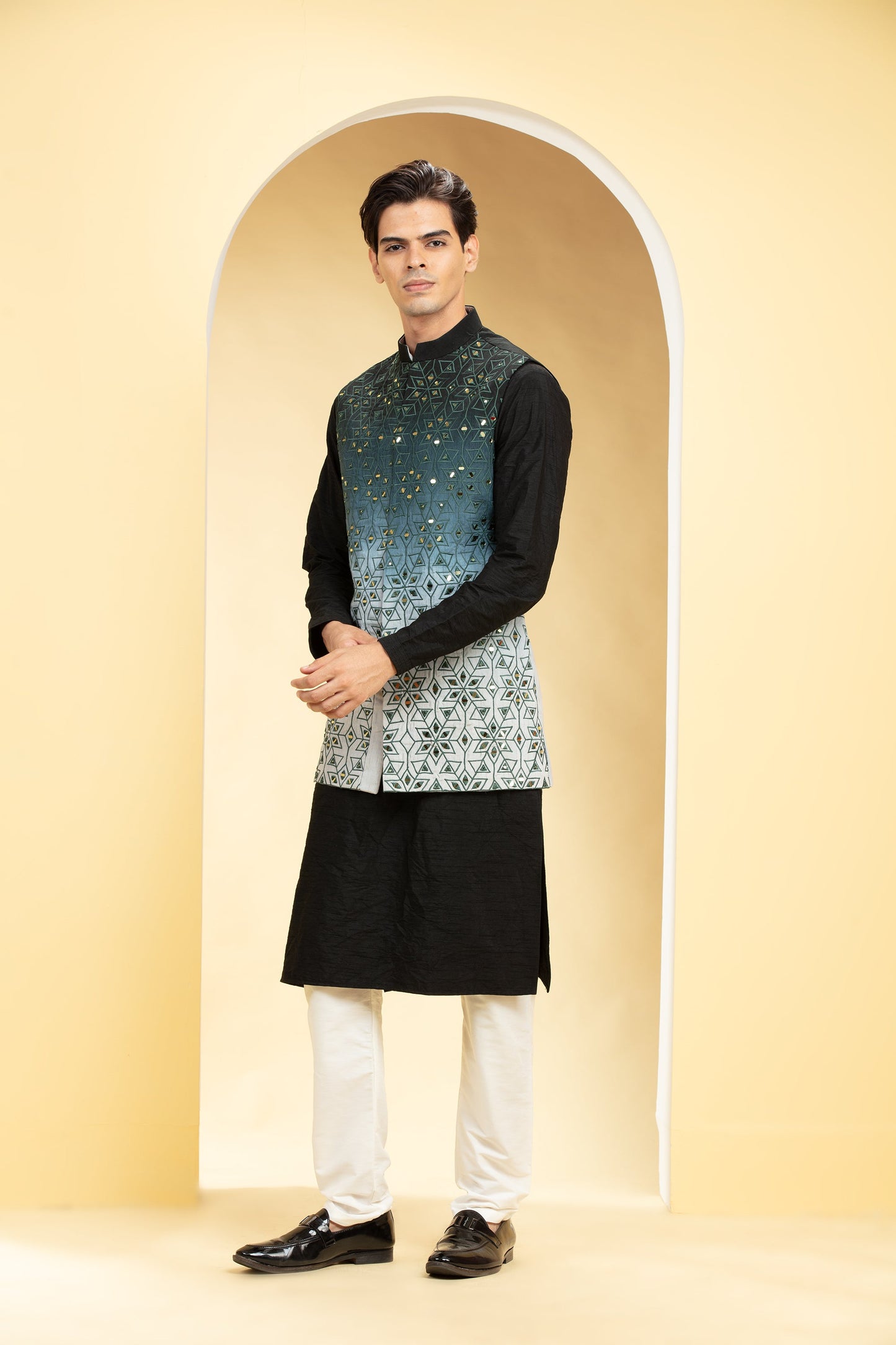 Sea Green Ombré tie die kurta Jacket set with mirror placement work