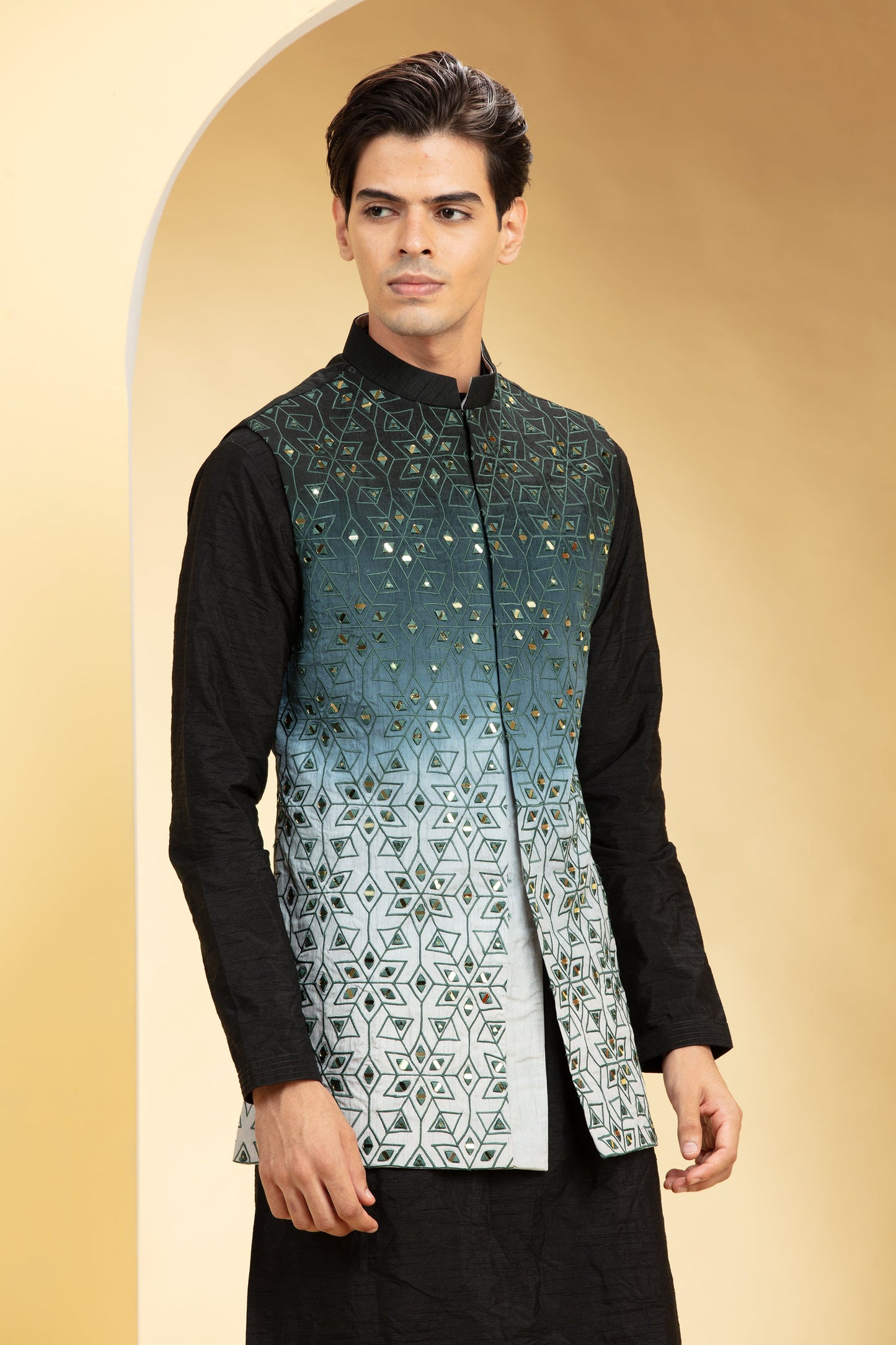 Sea Green Ombré tie die kurta Jacket set with mirror placement work