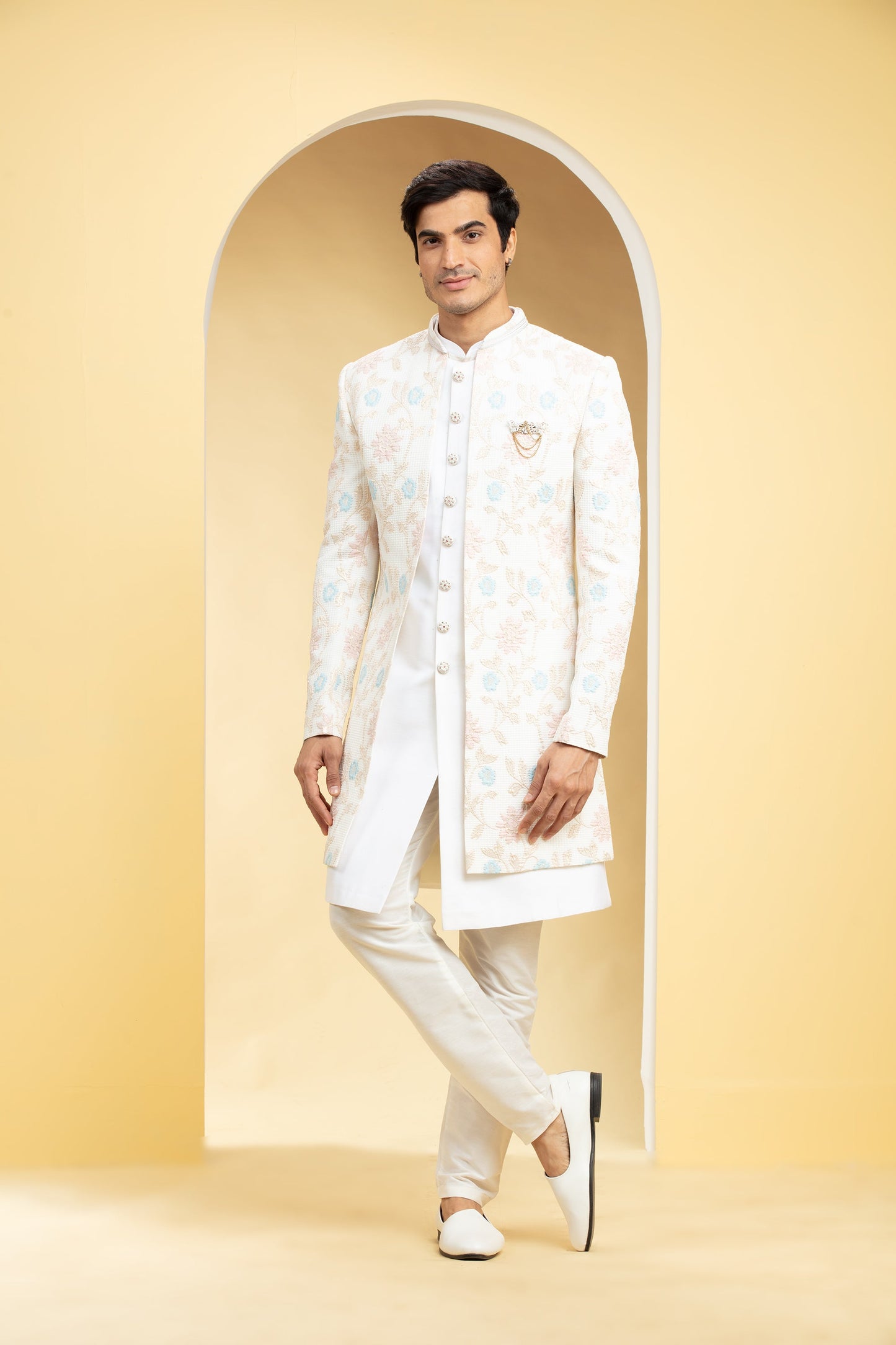 Multicoloured Open Indo western printed lucknowi set with embellishments