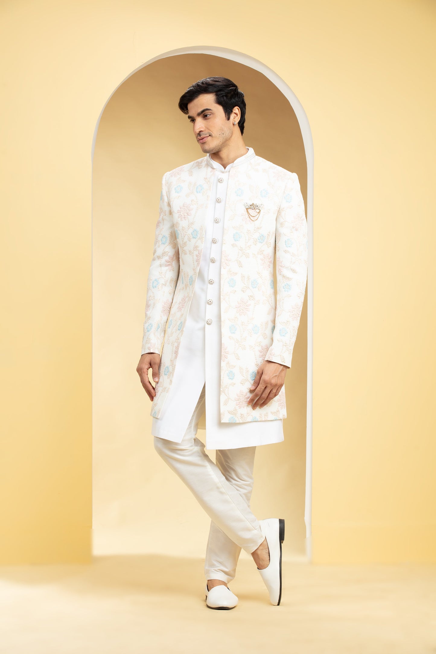 Multicoloured Open Indo western printed lucknowi set with embellishments