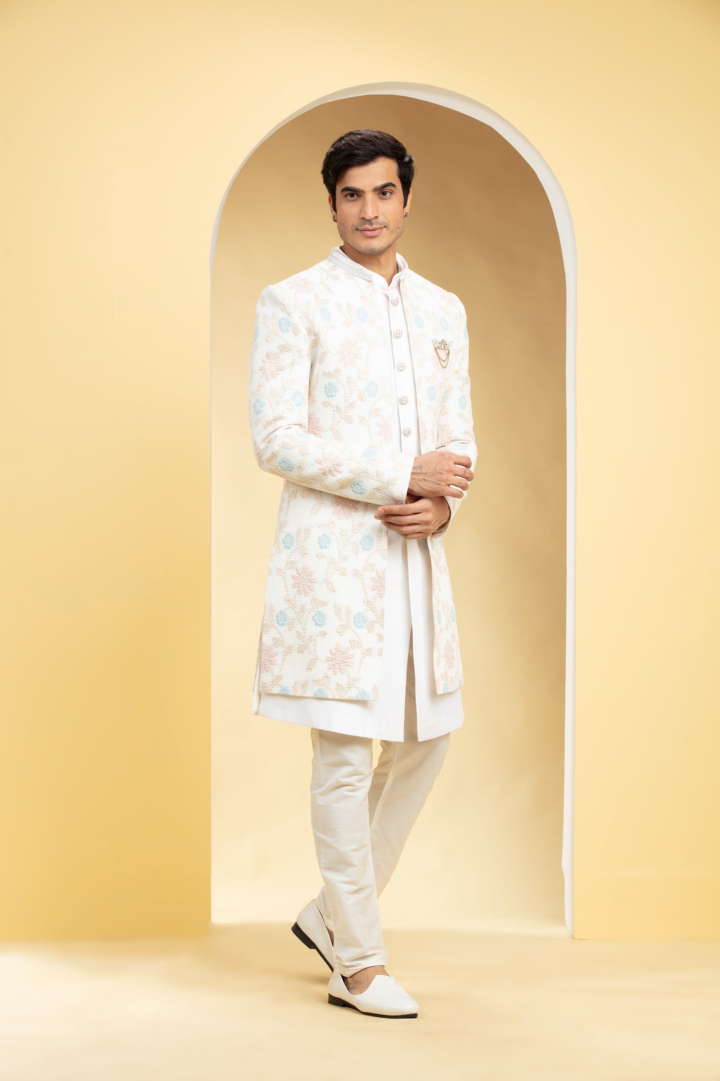 Multicoloured Open Indo western printed lucknowi set with embellishments