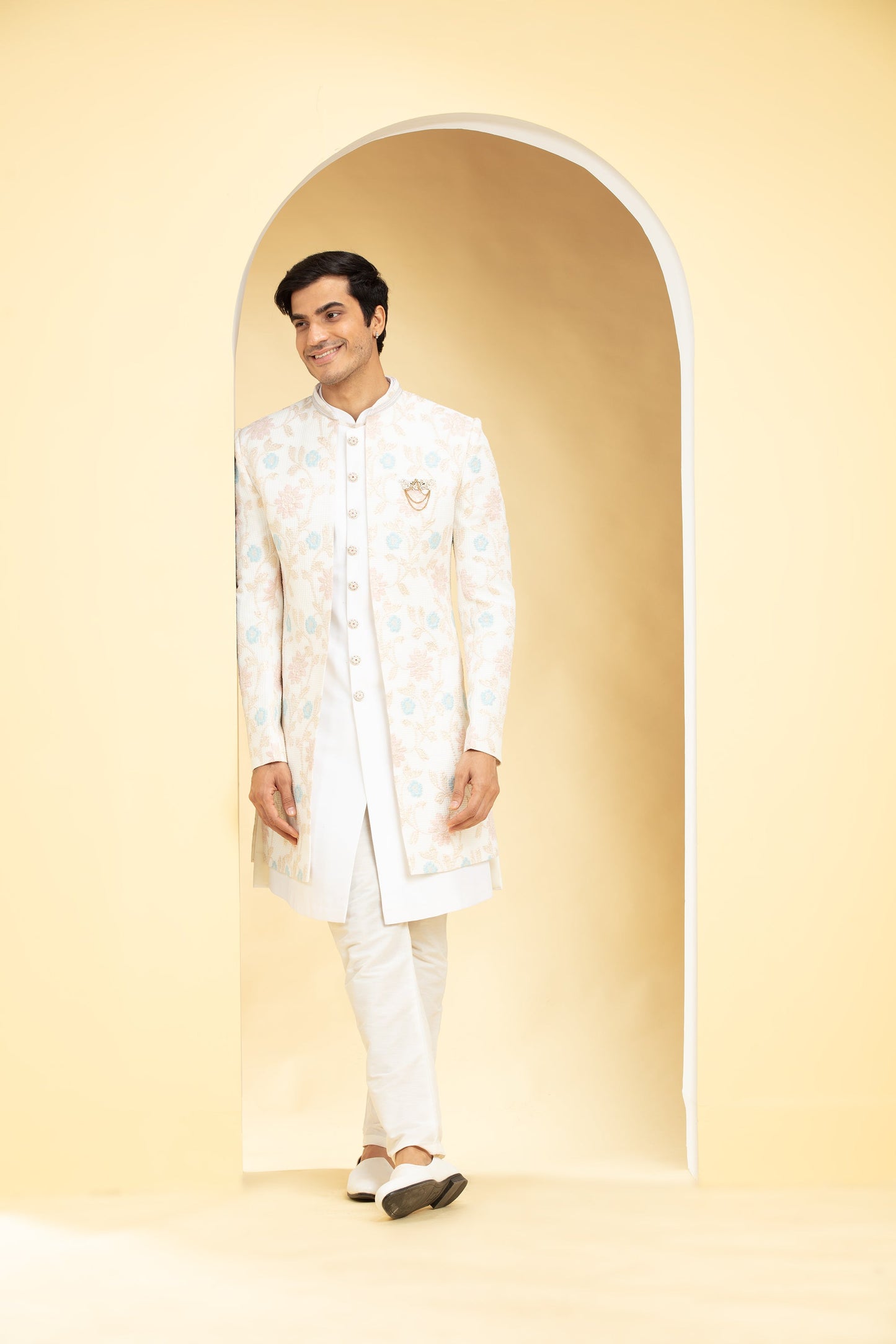 Multicoloured Open Indo western printed lucknowi set with embellishments