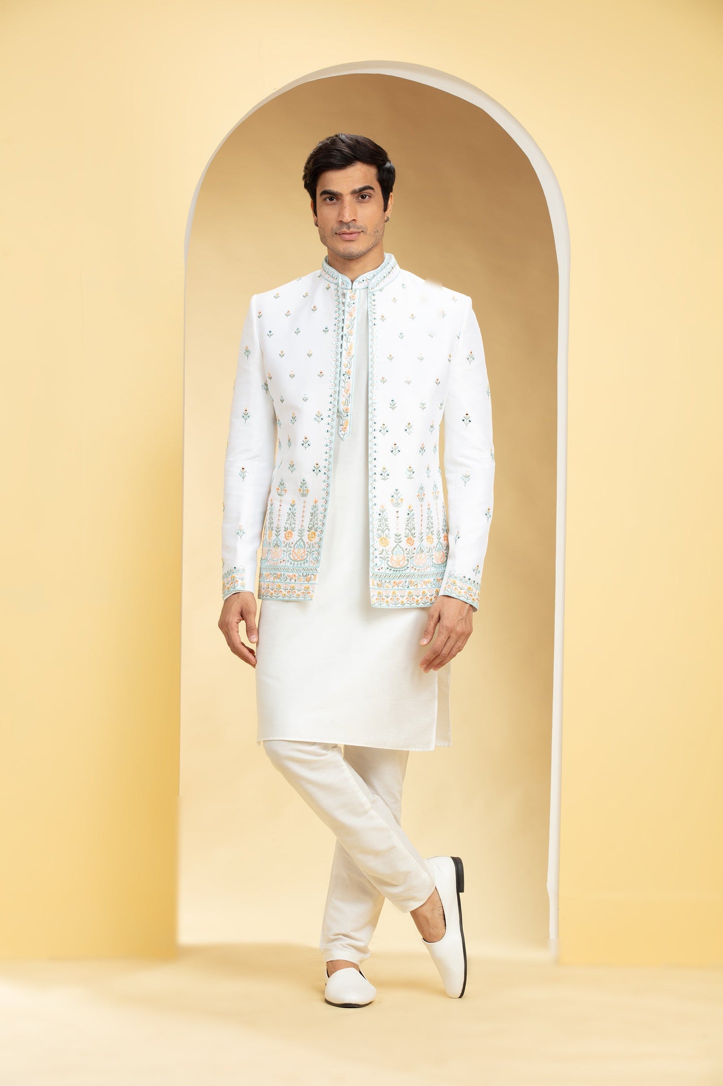 Porcelain White Open Jodhpuri Set with mirror and resham work