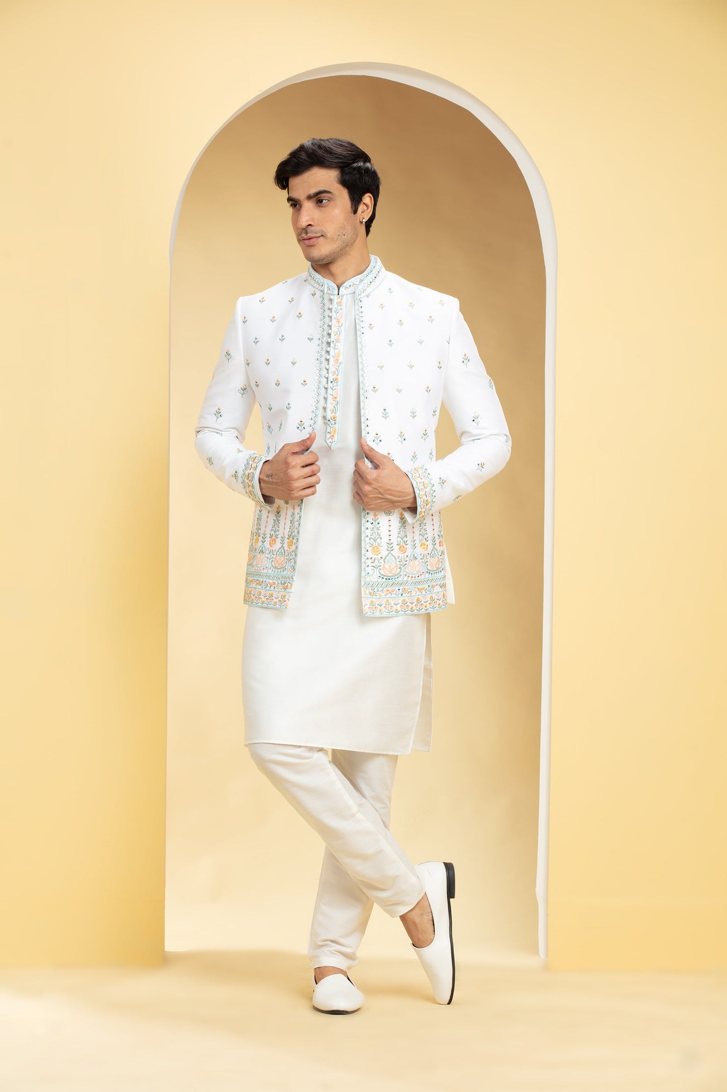 Porcelain White Open Jodhpuri Set with mirror and resham work