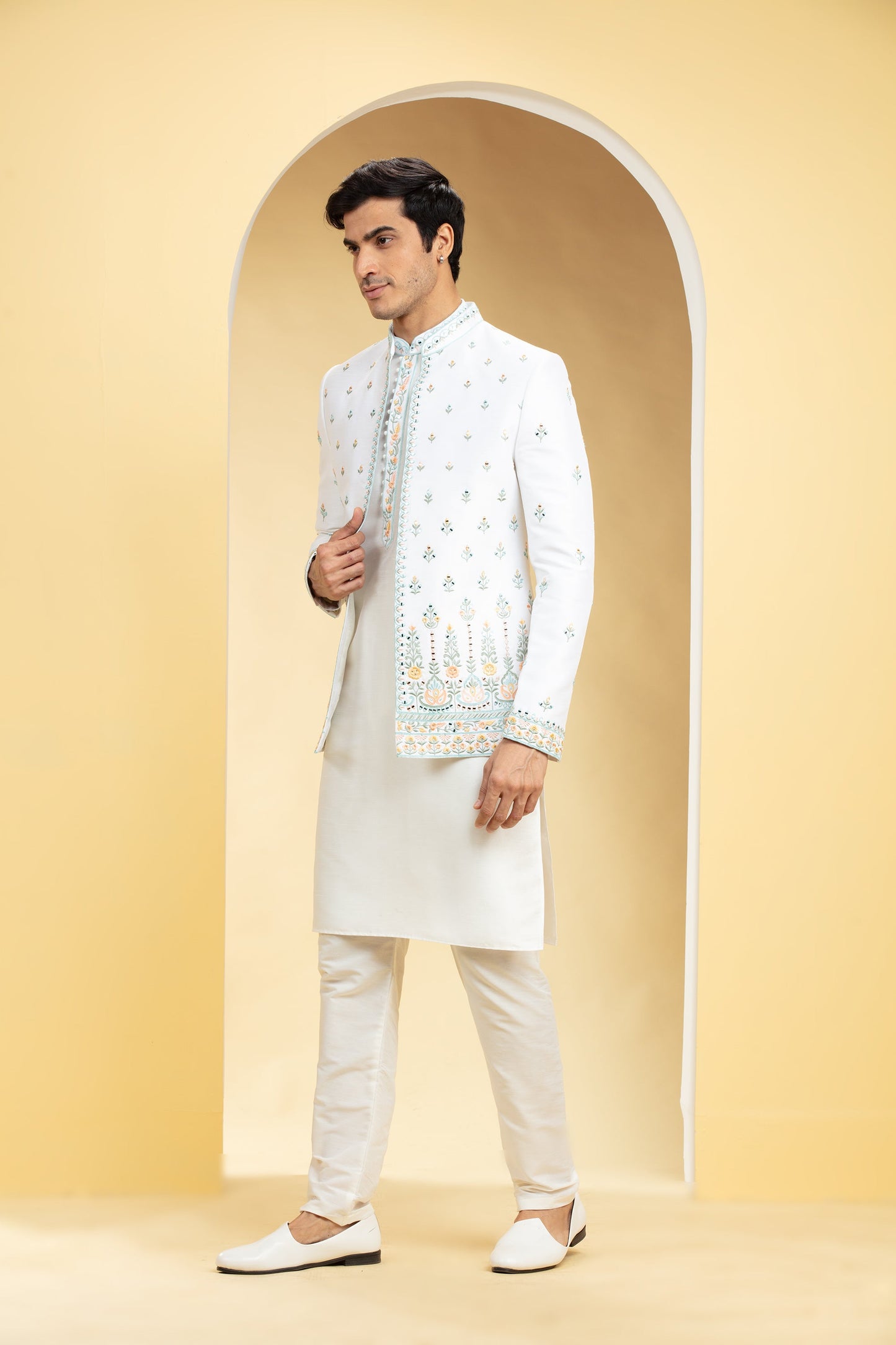 Porcelain White Open Jodhpuri Set with mirror and resham work
