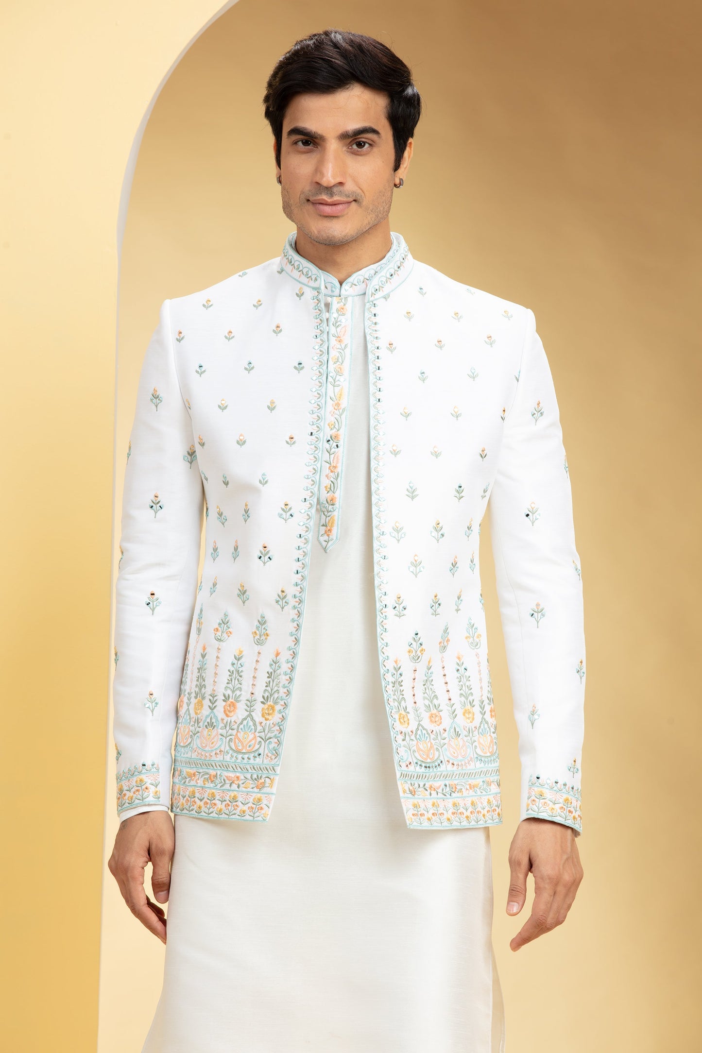 Porcelain White Open Jodhpuri Set with mirror and resham work