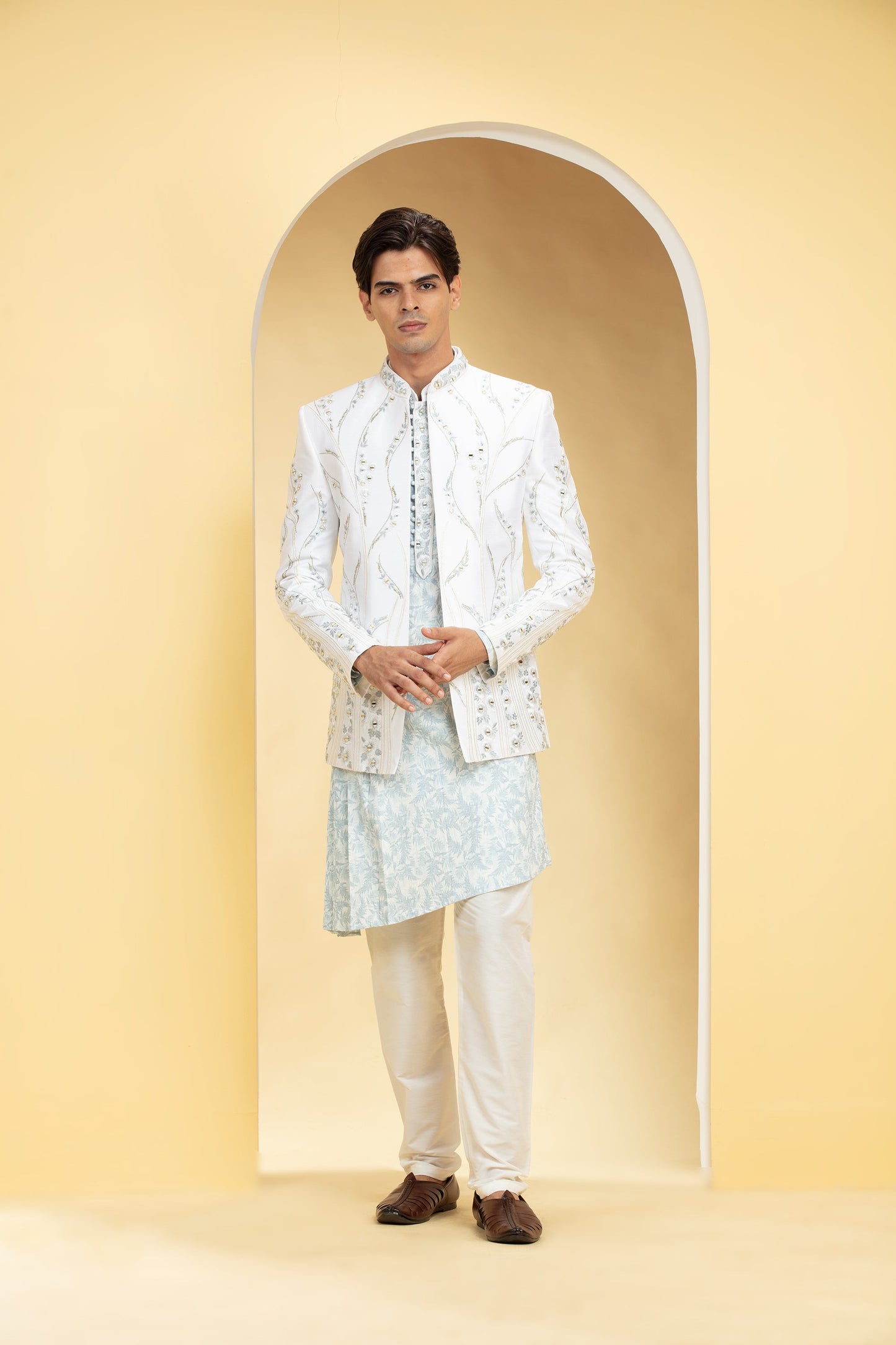 Snow White and Ice Blue Open Jodhpuri set with mirror and resham work