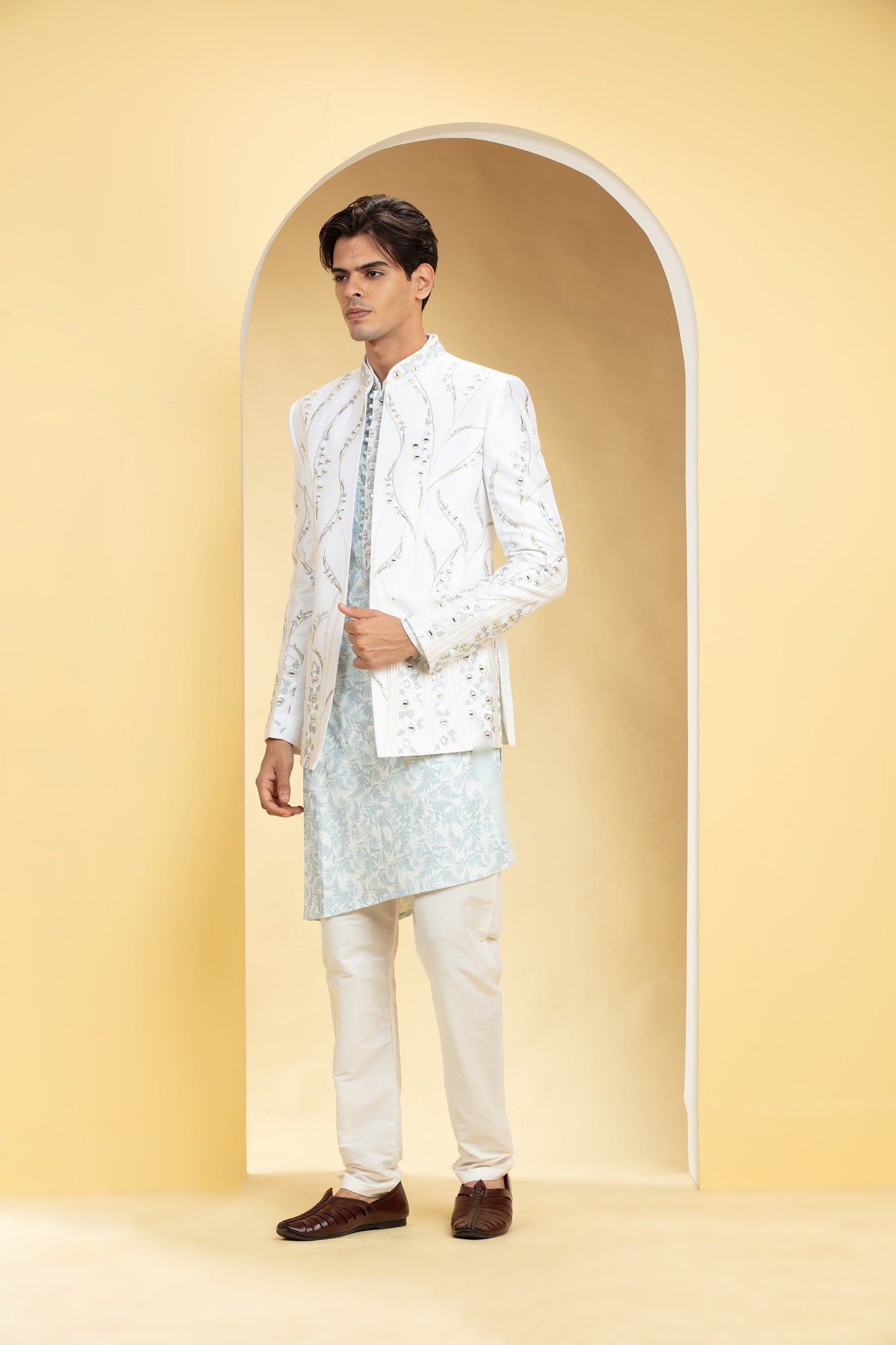Snow White and Ice Blue Open Jodhpuri set with mirror and resham work