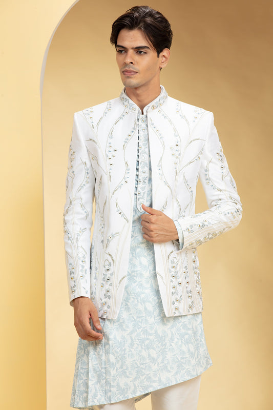 Snow White and Ice Blue Open Jodhpuri set with mirror and resham work