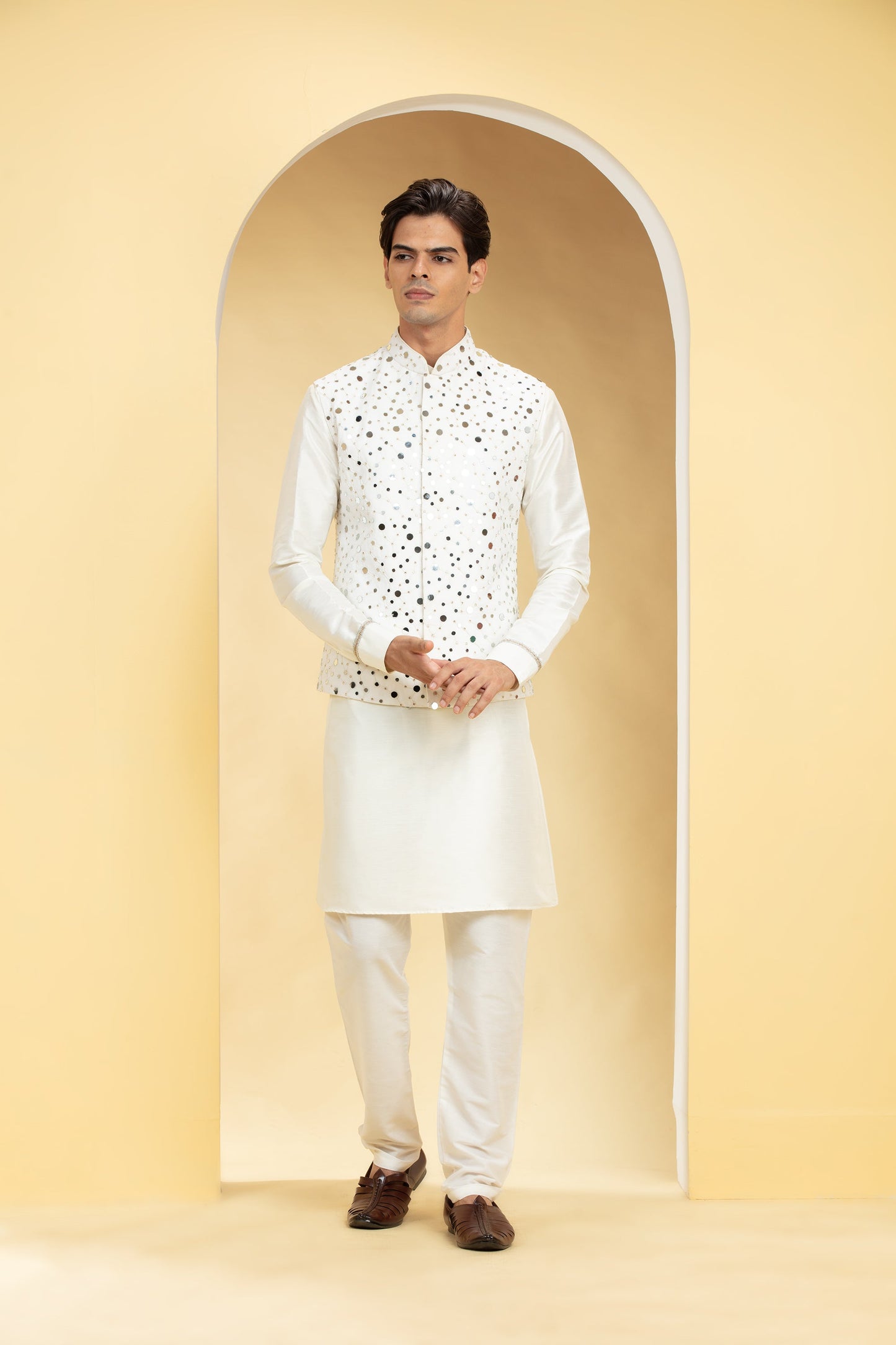 Pearl White kurta Jacket Set with mirror placement