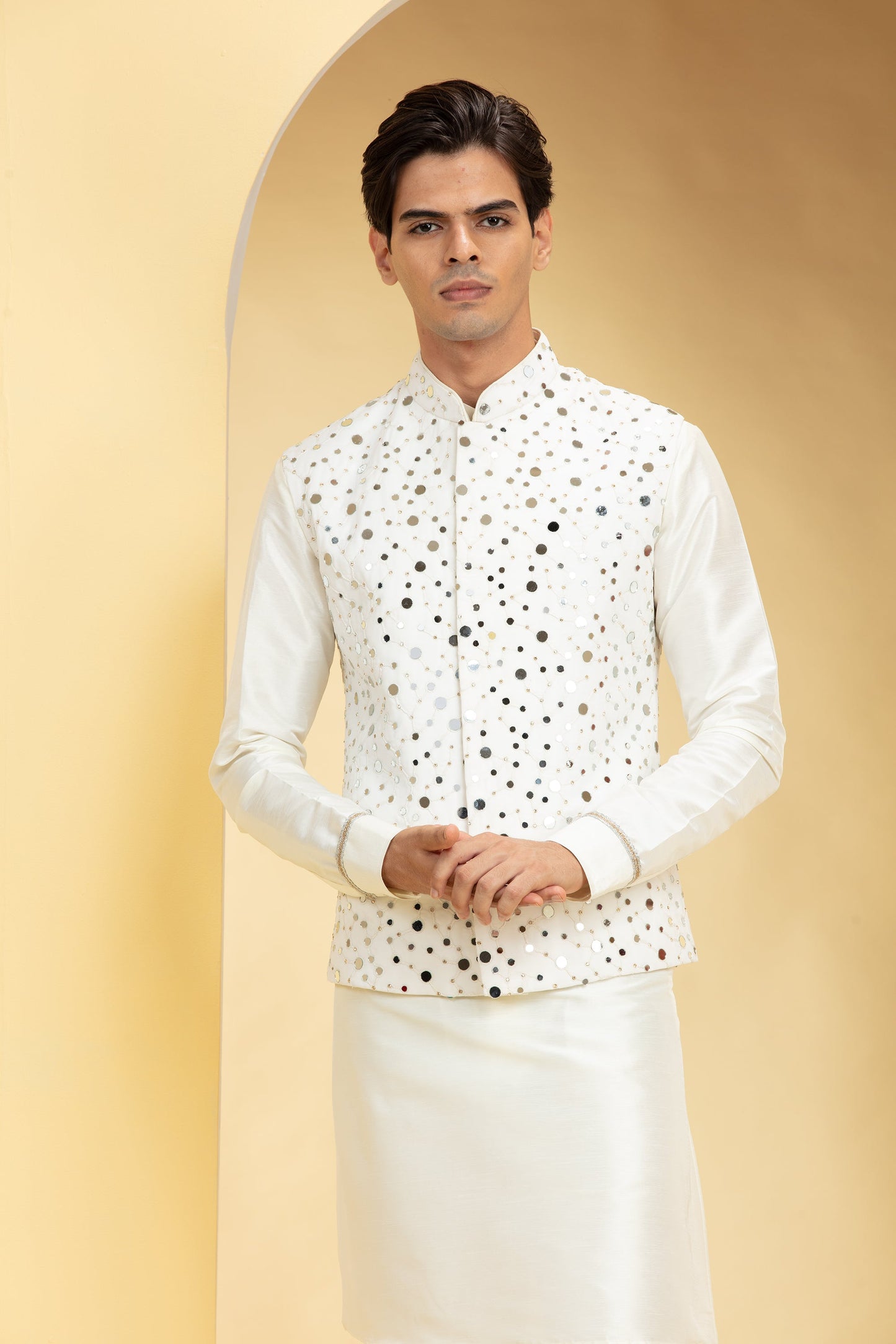 Pearl White kurta Jacket Set with mirror placement