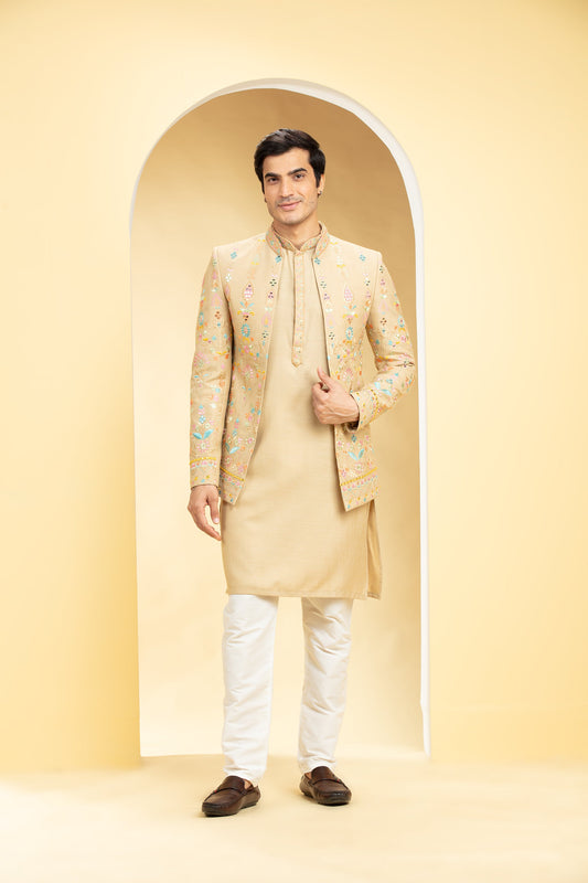 Sand Brown Open Jodhpuri with all over Resham work