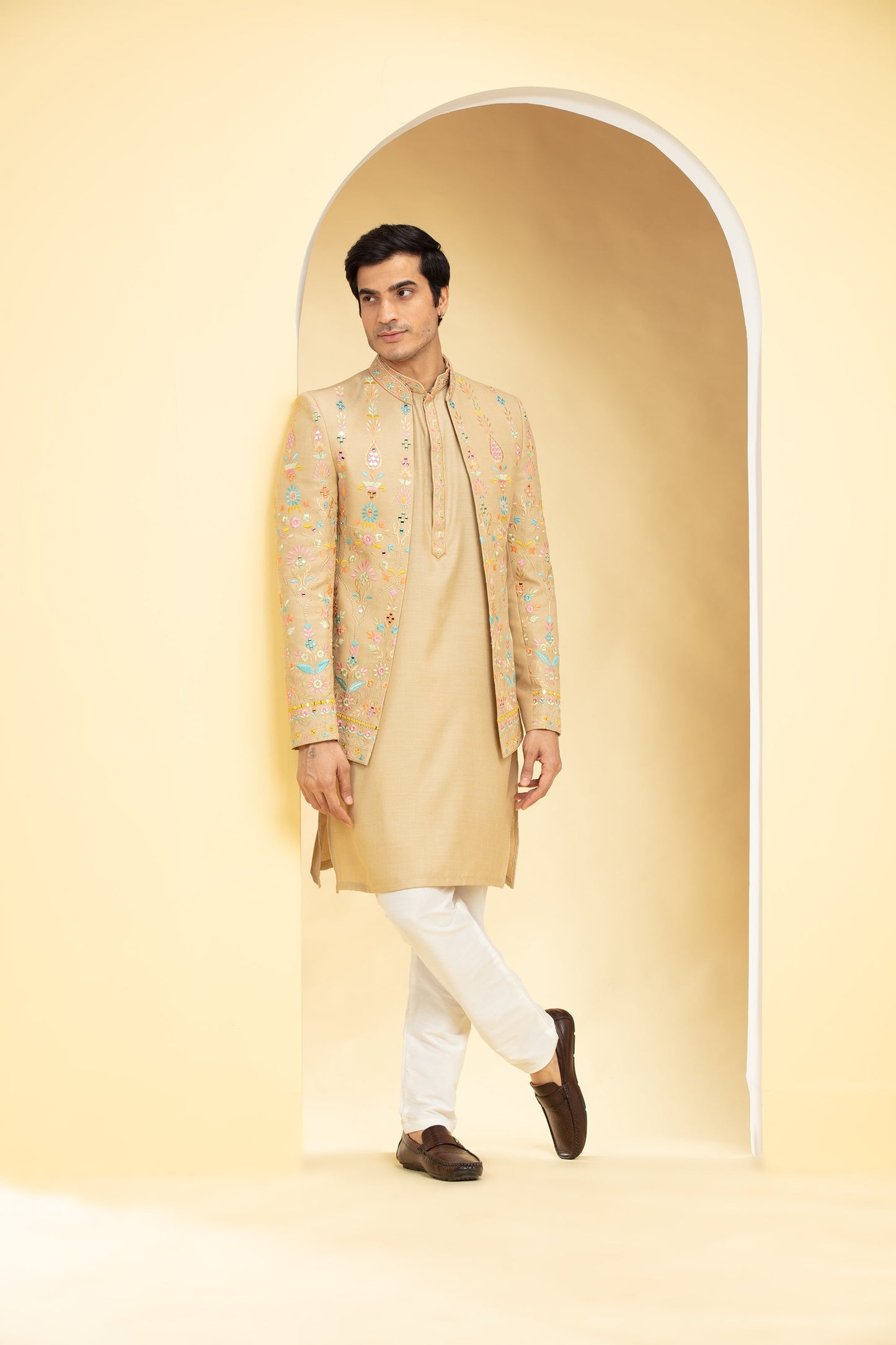 Sand Brown Open Jodhpuri with all over Resham work