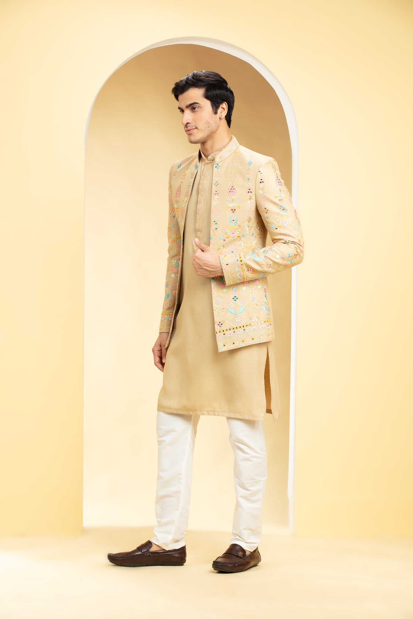 Sand Brown Open Jodhpuri with all over Resham work