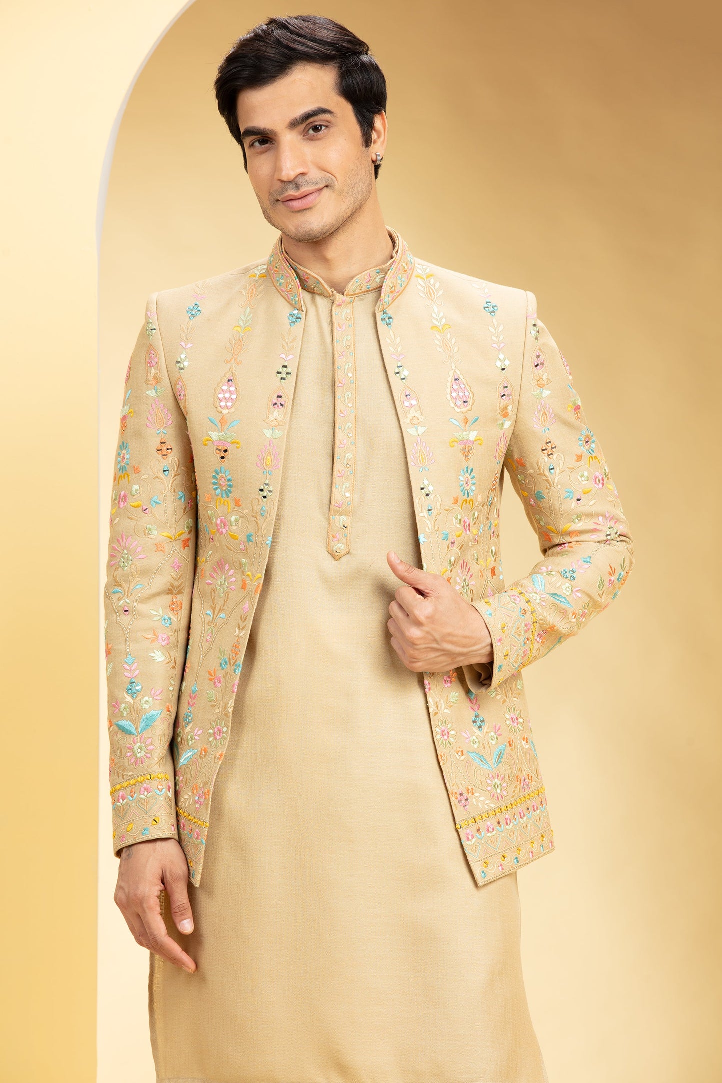 Sand Brown Open Jodhpuri with all over Resham work