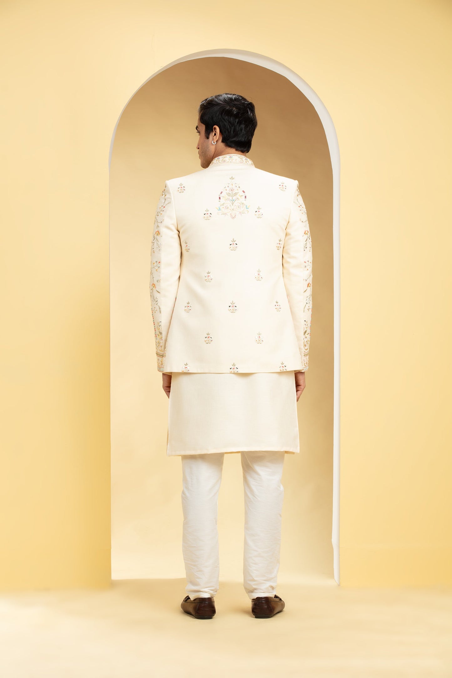 Powder White Lucknowi Open Jodhpuri Set with mirror work