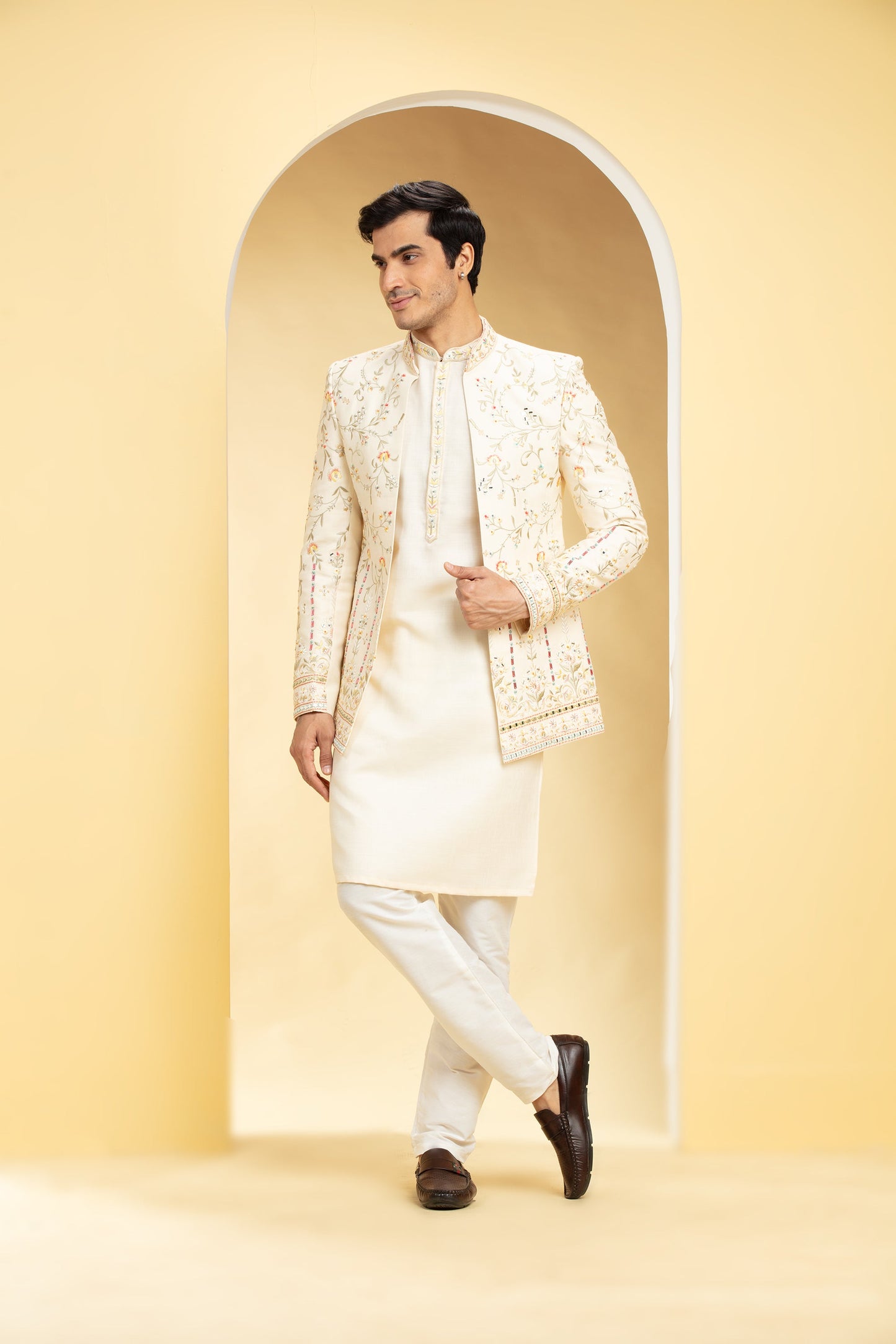 Powder White Lucknowi Open Jodhpuri Set with mirror work