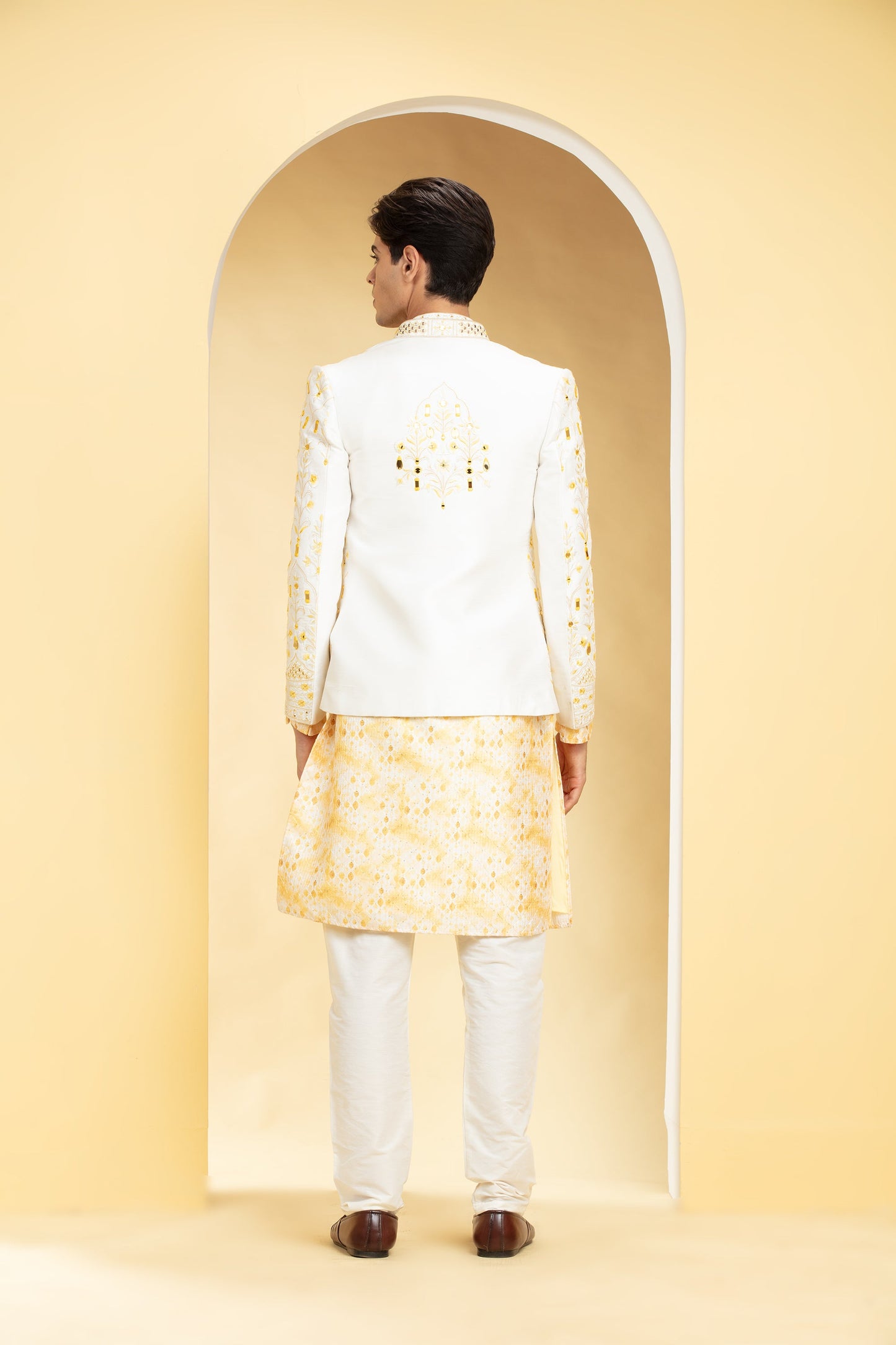 Champagne Yellow Floral Lucknowi Open Jodhpuri Set with mirror work