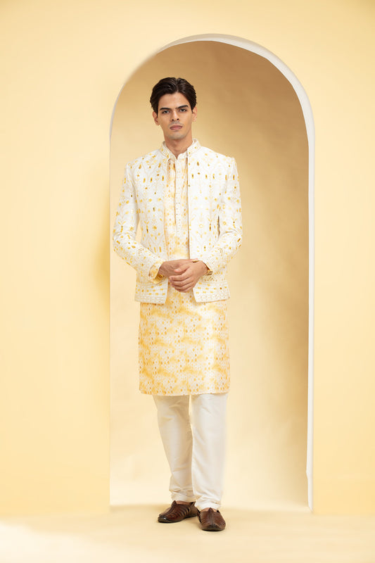 Champagne Yellow Floral Lucknowi Open Jodhpuri Set with mirror work