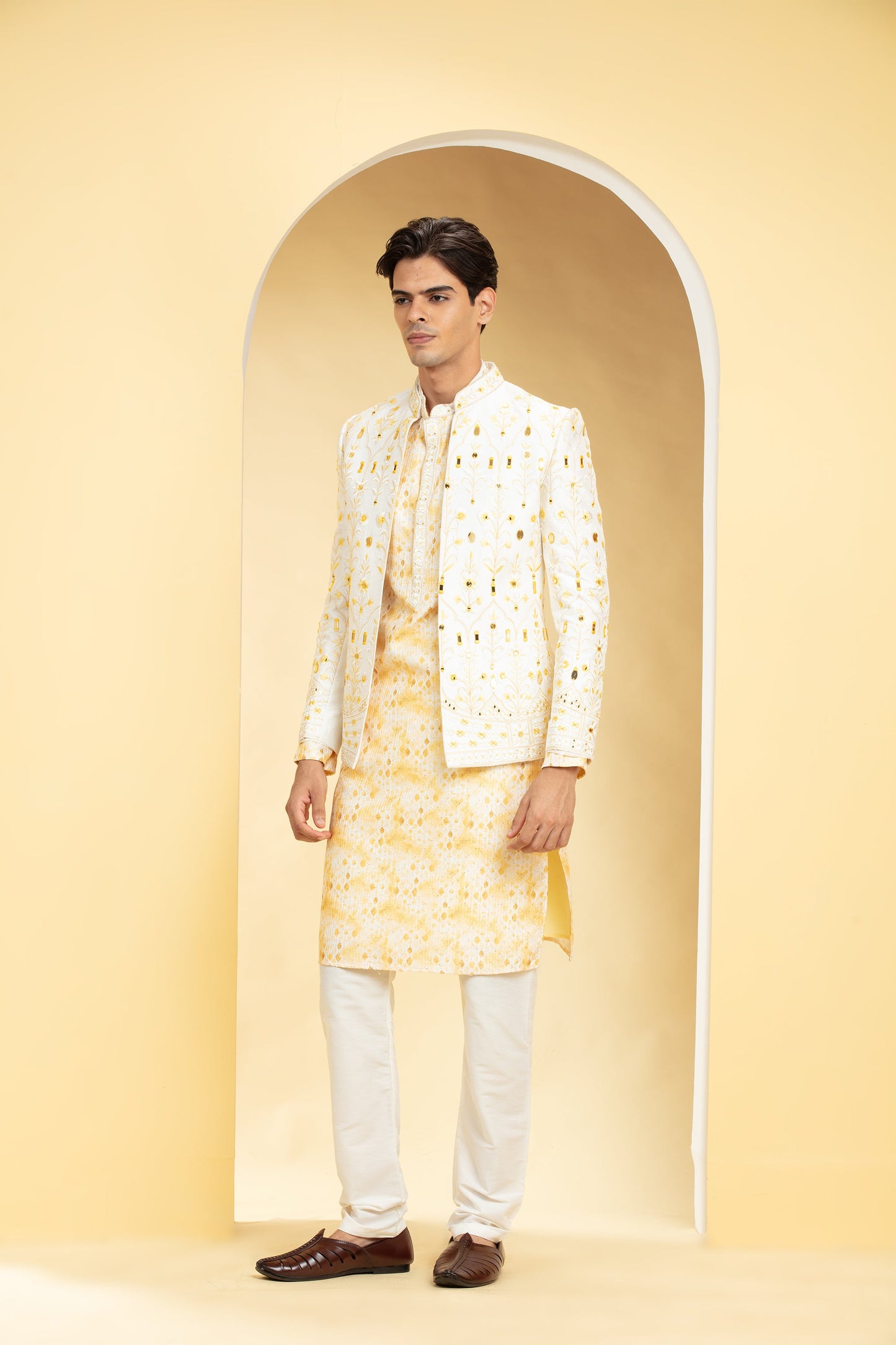 Champagne Yellow Floral Lucknowi Open Jodhpuri Set with mirror work