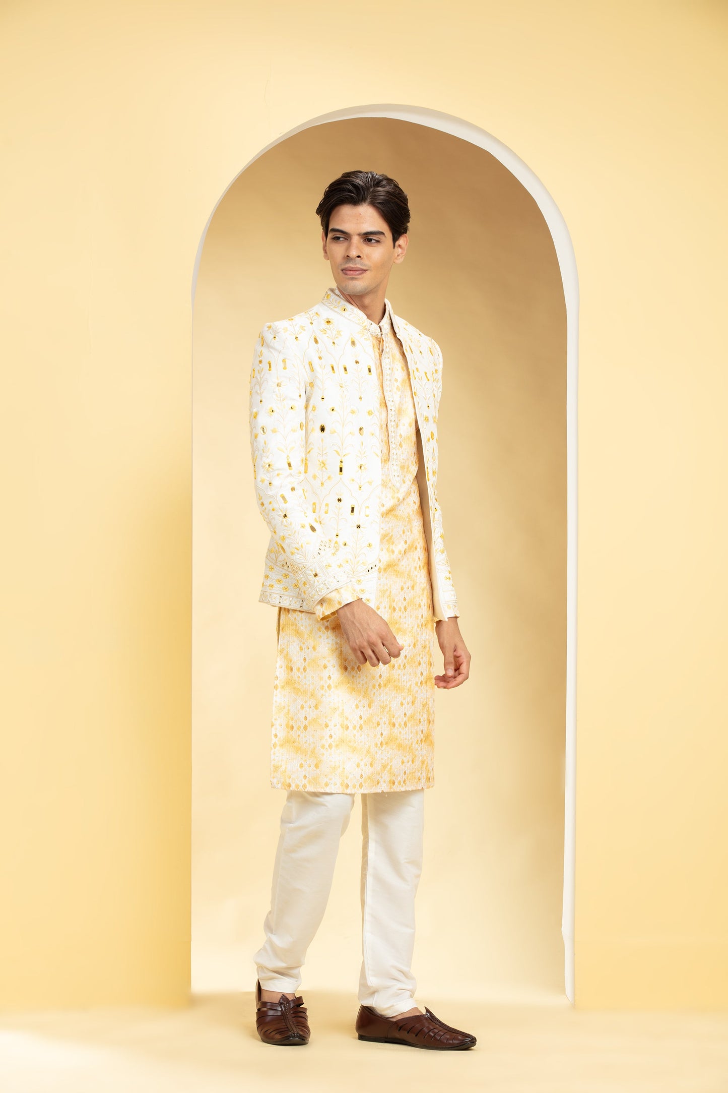 Champagne Yellow Floral Lucknowi Open Jodhpuri Set with mirror work