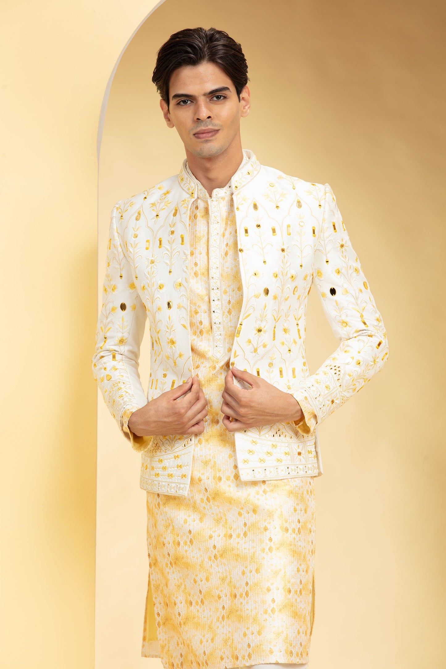 Champagne Yellow Floral Lucknowi Open Jodhpuri Set with mirror work