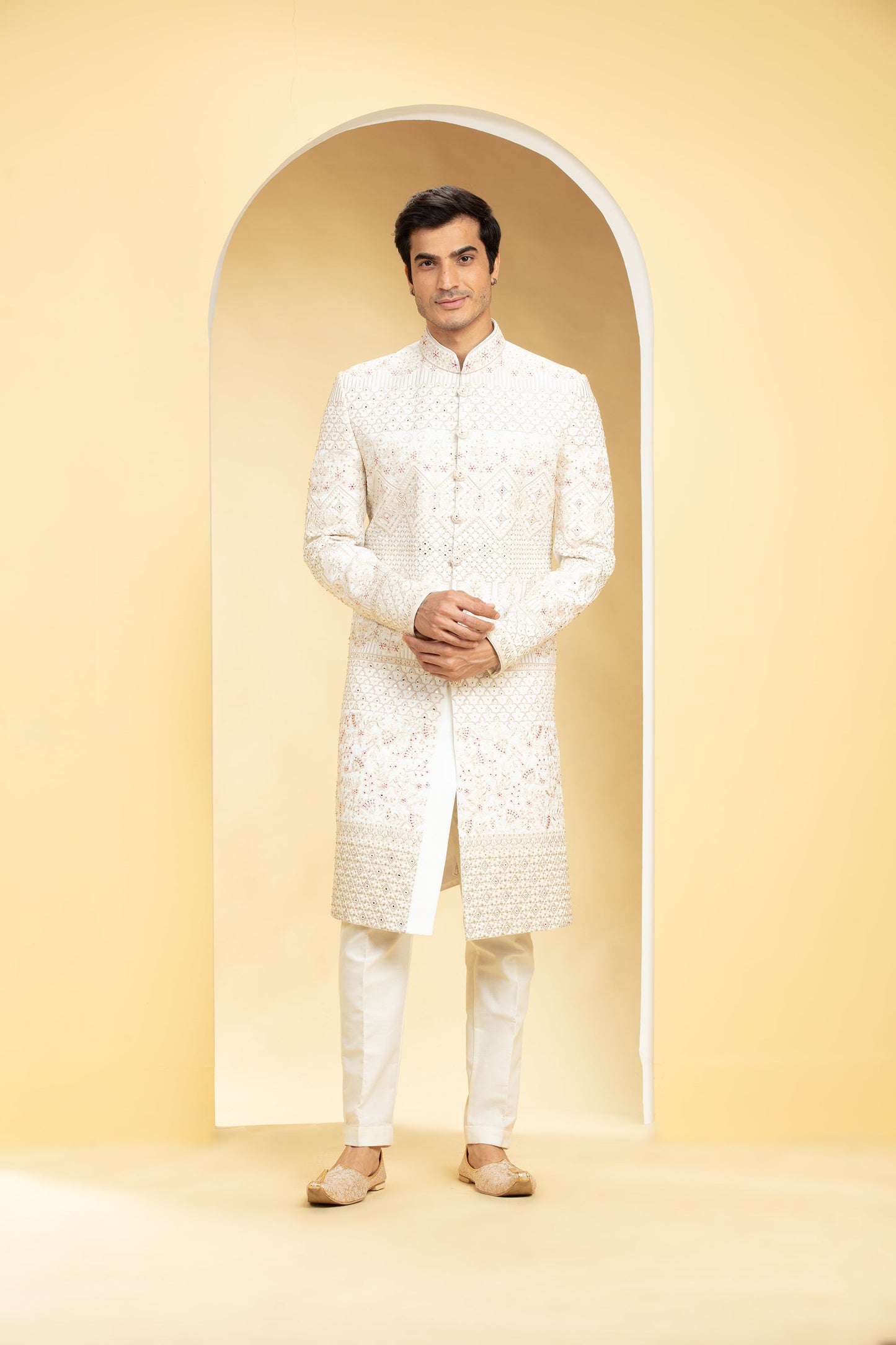 Daisy White Sherwani Set with Resham and Dori work