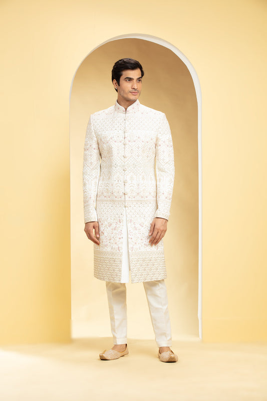 Daisy White Sherwani Set with Resham and Dori work