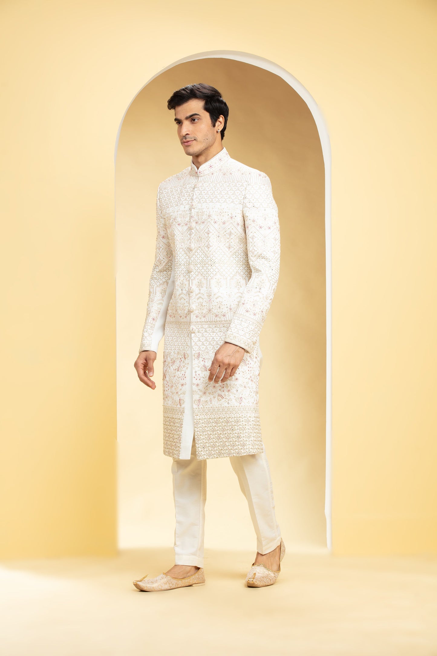 Daisy White Sherwani Set with Resham and Dori work