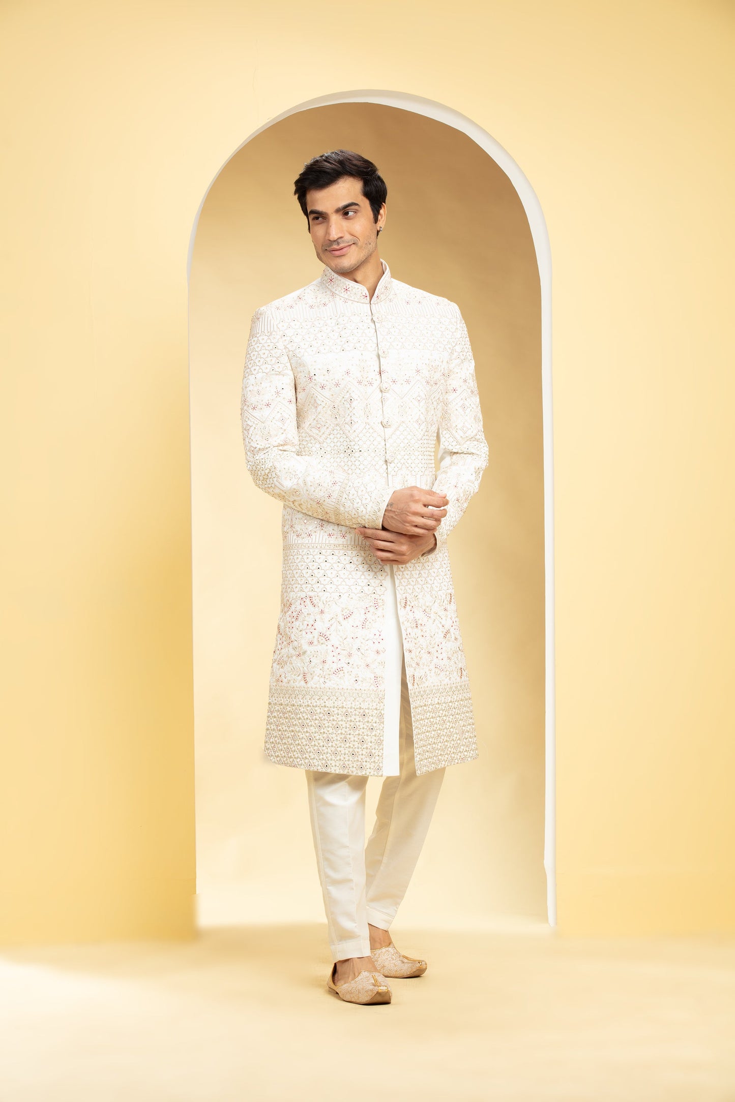 Daisy White Sherwani Set with Resham and Dori work